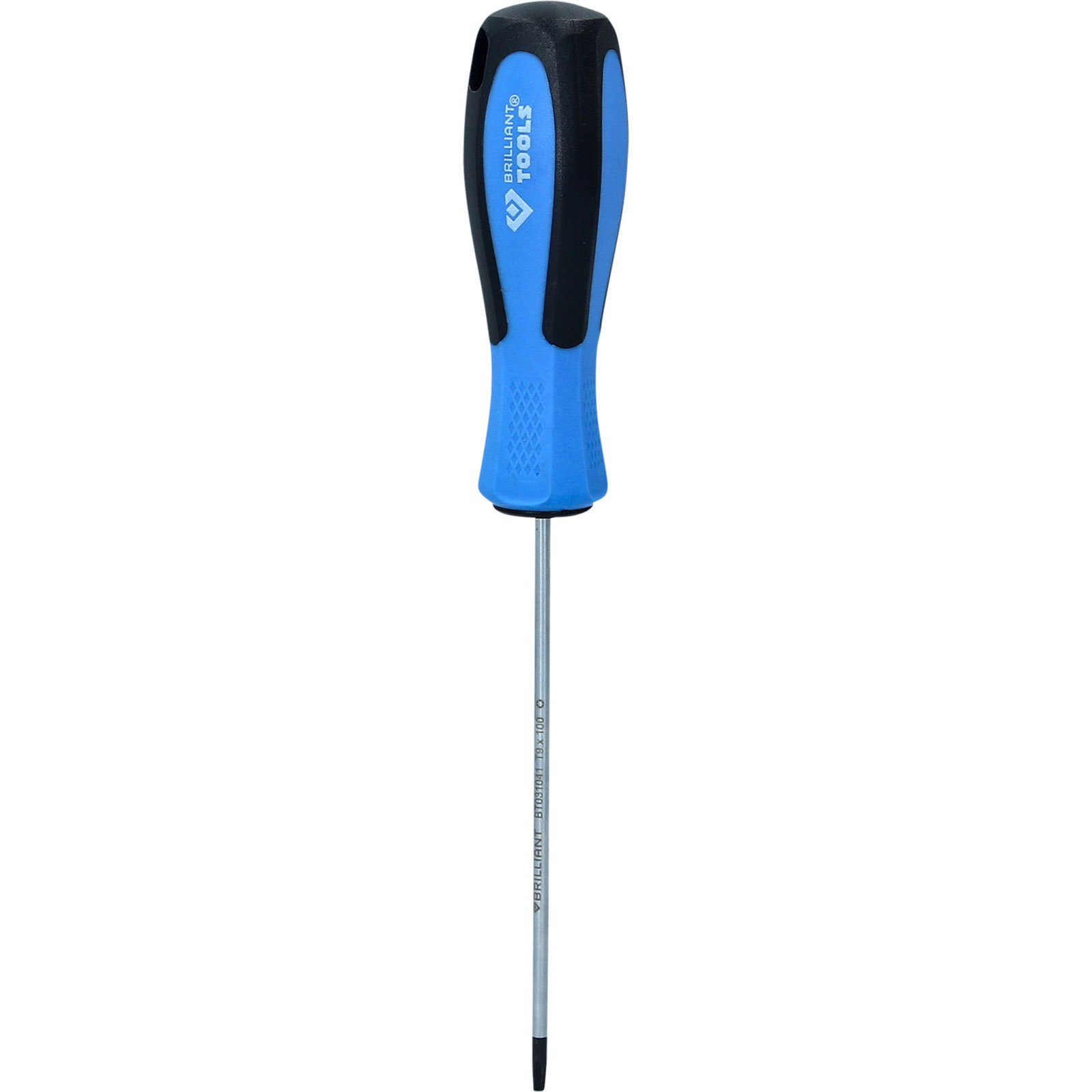Un cacciavite con manico blu e nero, asta argentata e punta nera.