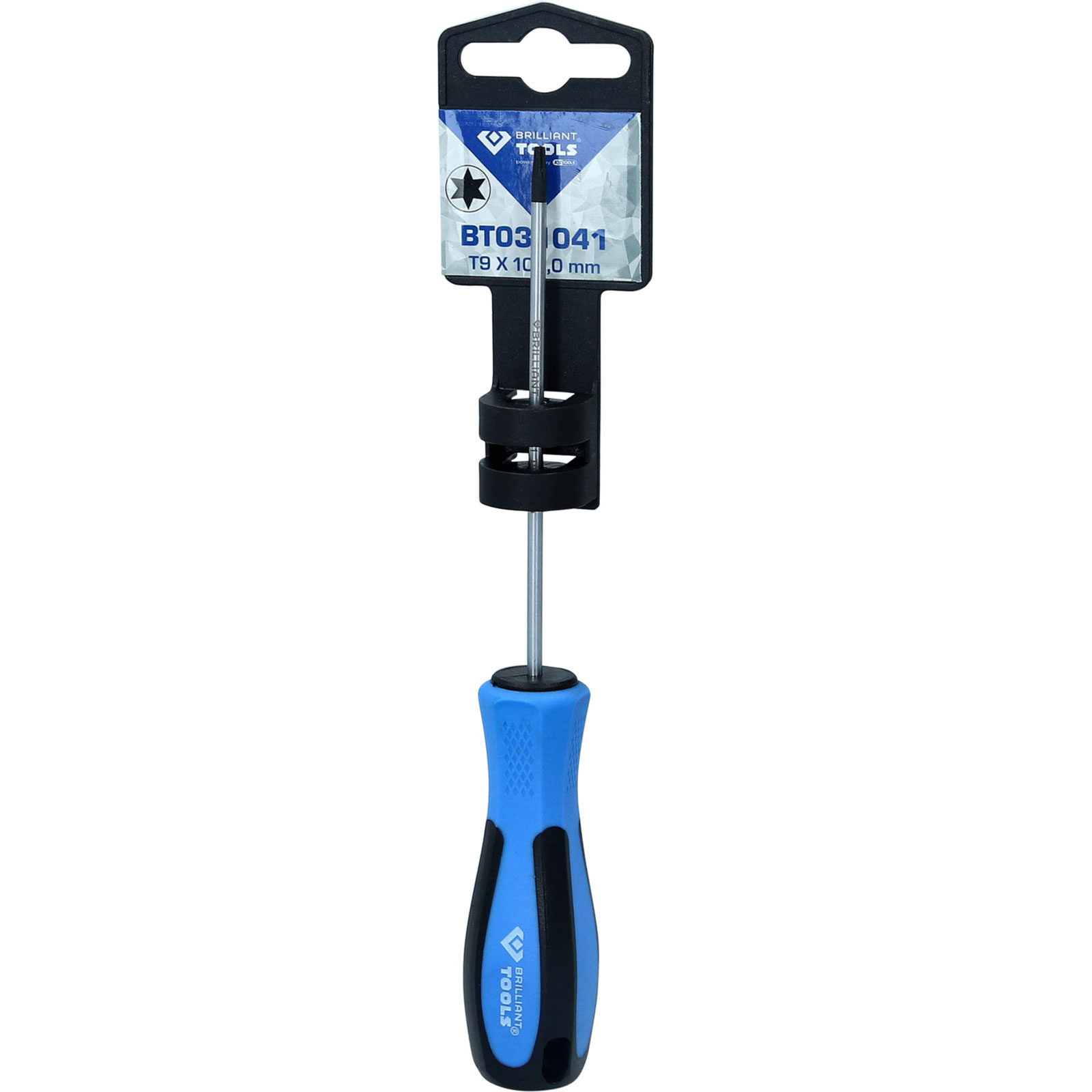 Un cacciavite Torx con manico blu, confezionato in blister.