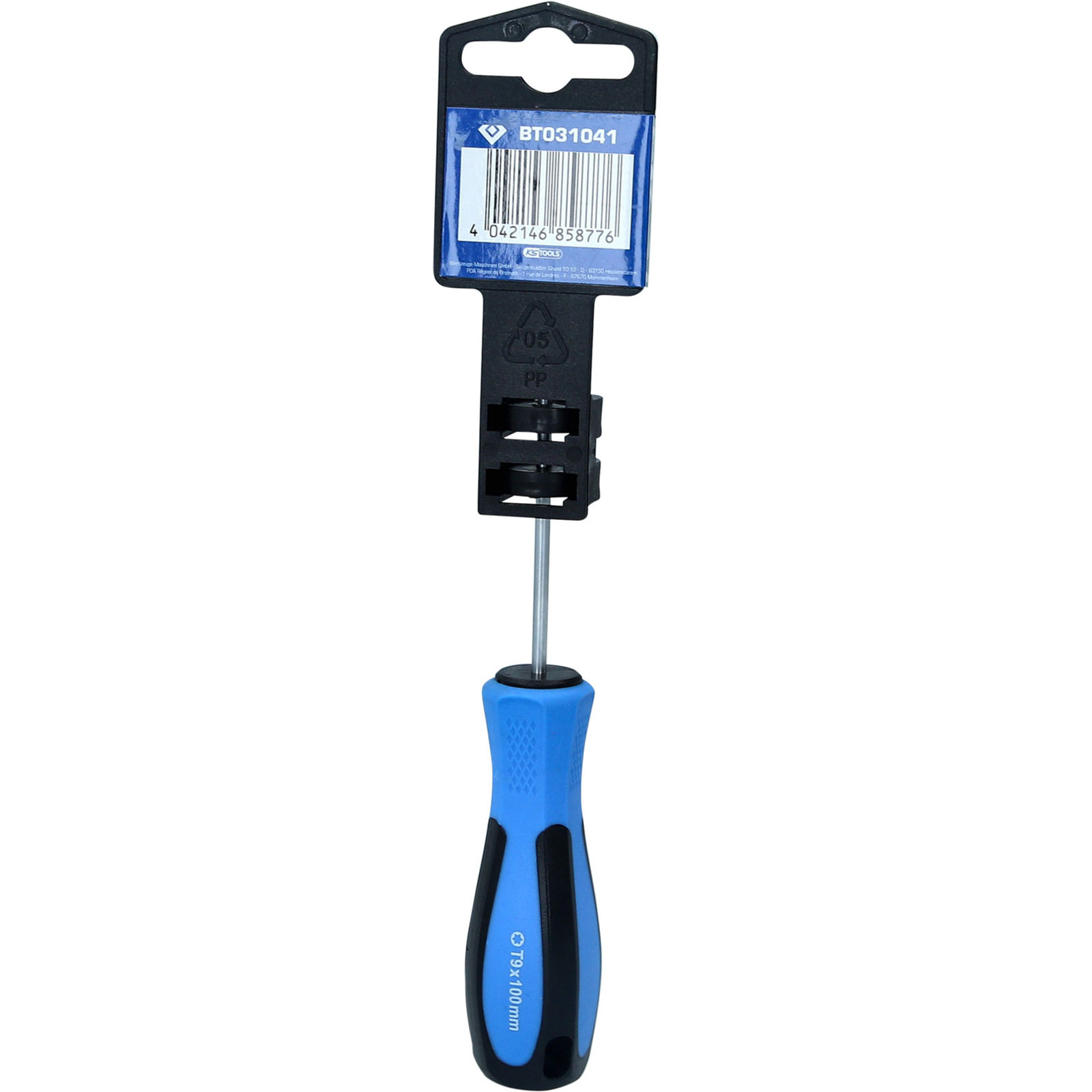 Un cacciavite Torx con manico blu e impugnatura in gomma nera.