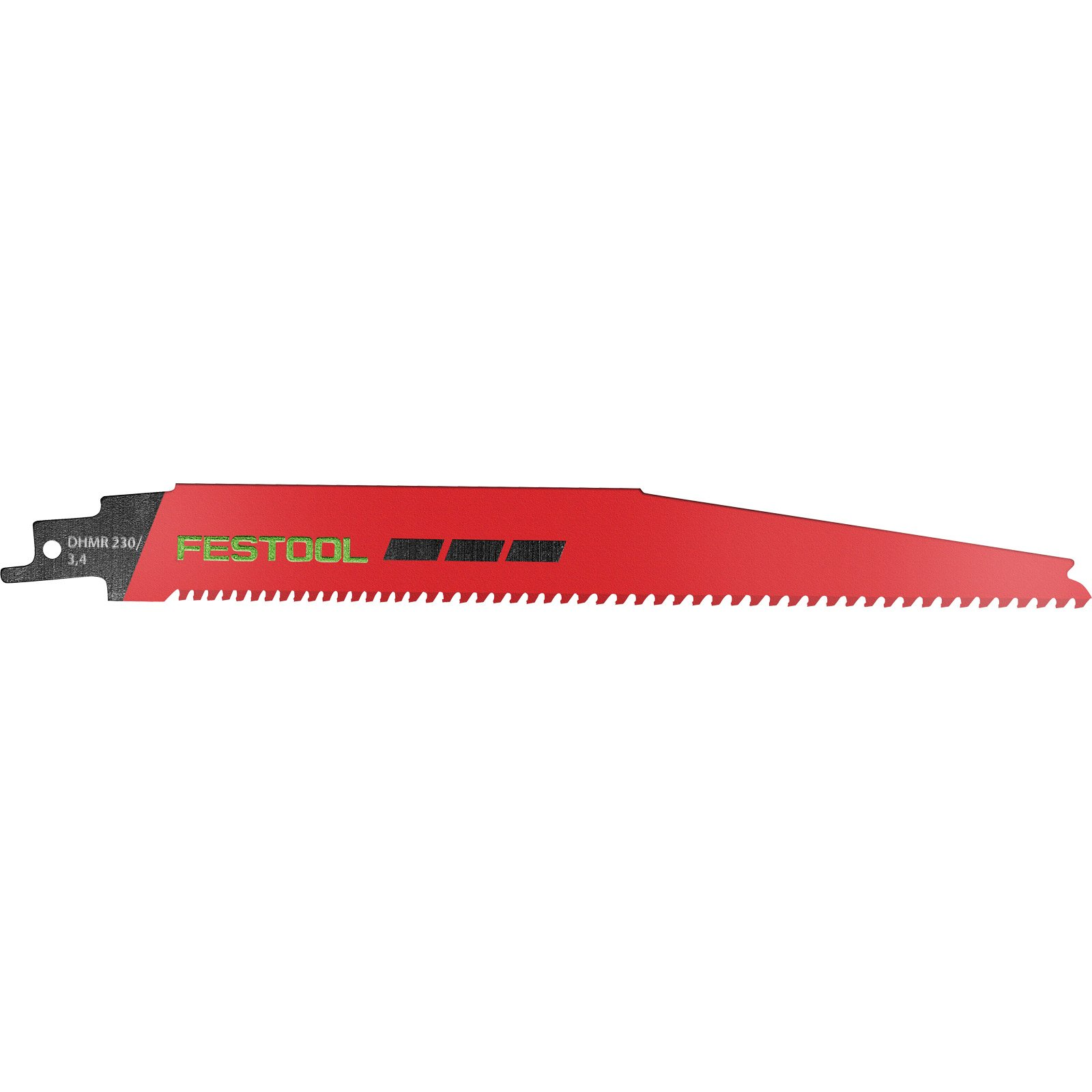 Una lama per seghetto rossa con scritta verde "FESTOOL" e denti.