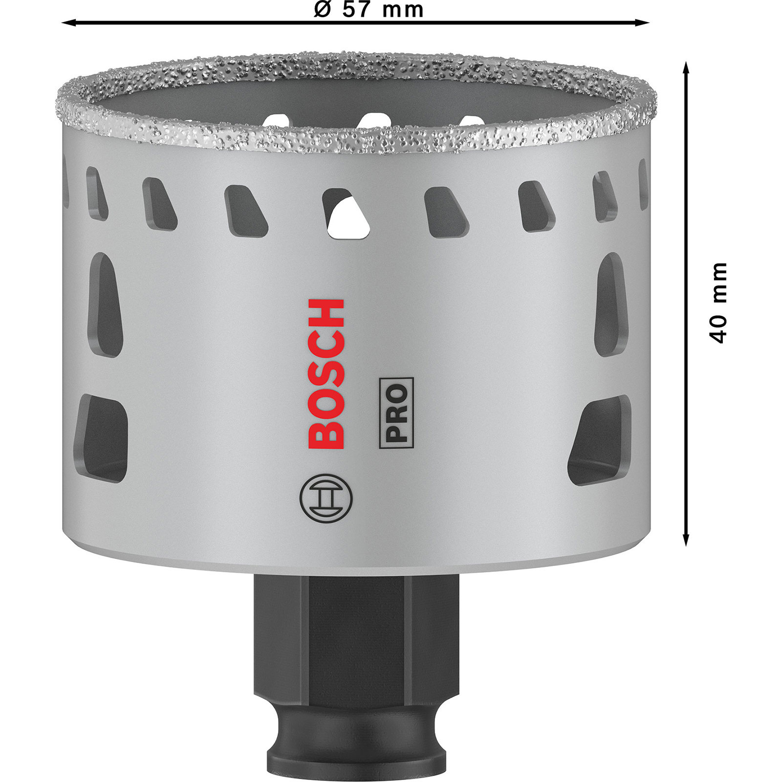 Bosch Pro Bohrkronenaufsatz, 57mm Durchmesser, 40mm hoch, silberfarben.