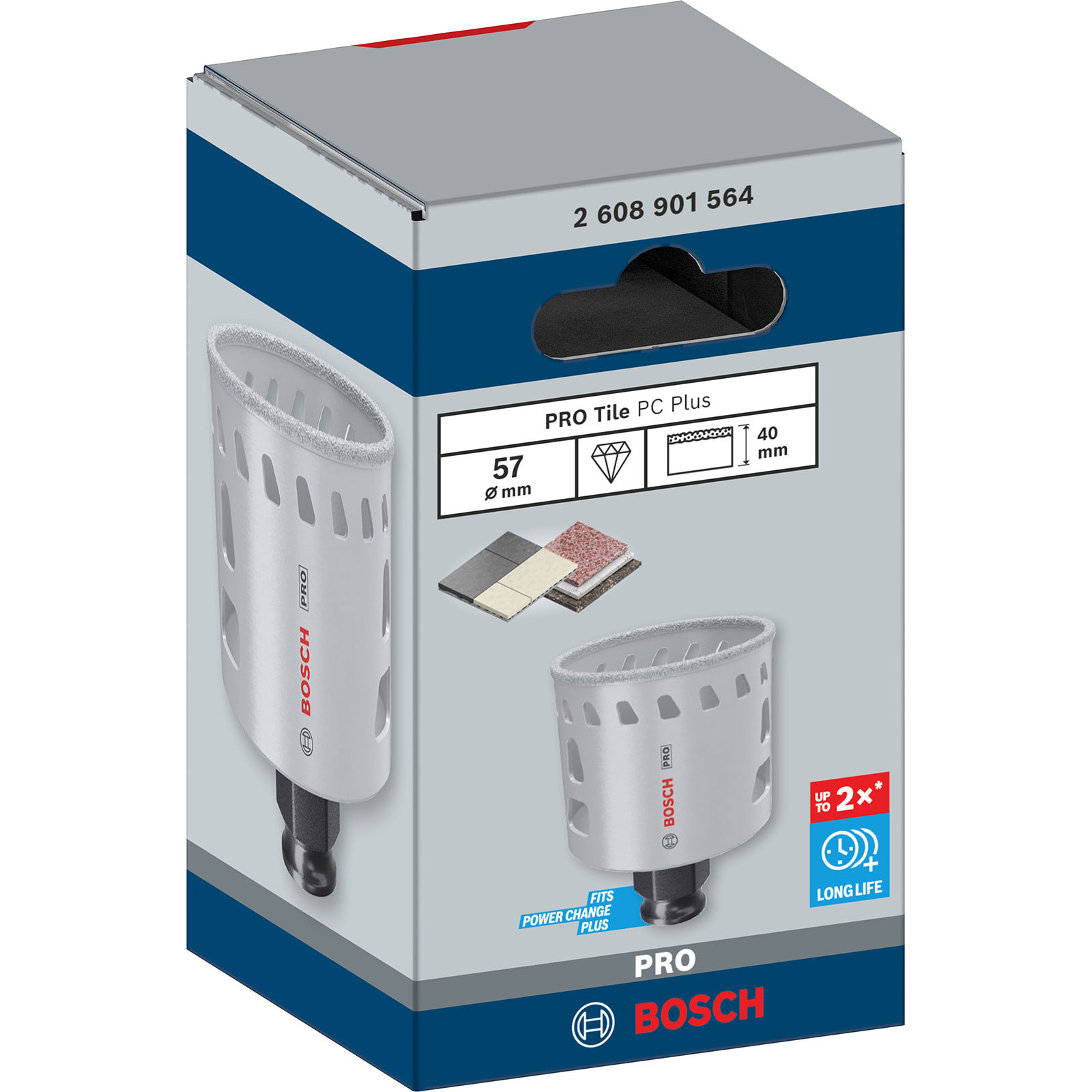 Bosch Pro Fliesenbohrkrone 57mm auf Verpackung, mit Symbolen für Größe und Haltbarkeit.