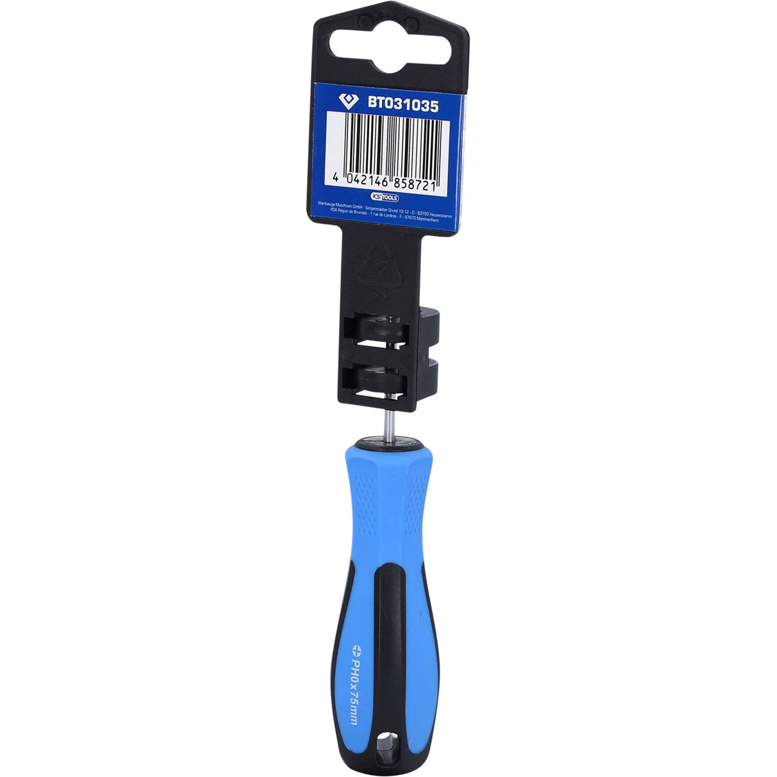 Ein blauer Schraubendreher mit schwarzem Griff und einem Aufhänger mit Barcode.