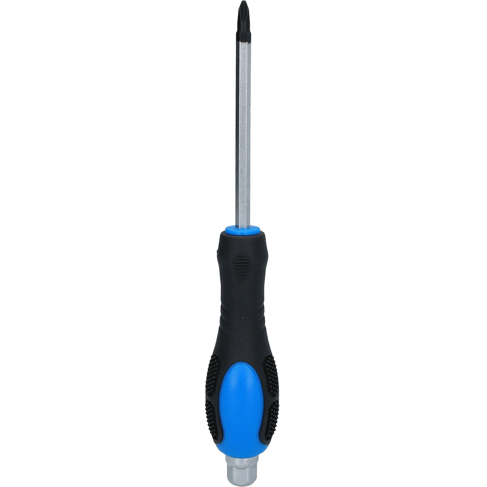 Ein Schraubendreher mit schwarzem Griff, blauen Akzenten und Metallspitze.