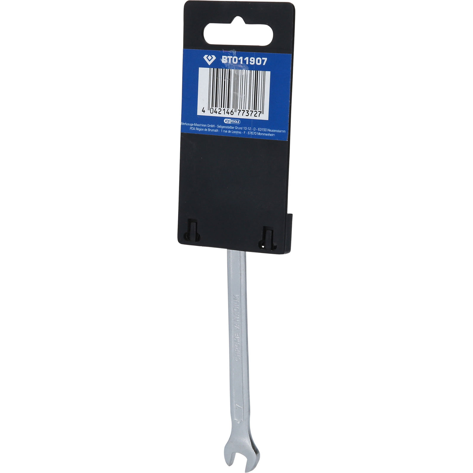 Ein einzelner silberner Schraubenschlüssel mit schwarzer Verpackung und Barcode.