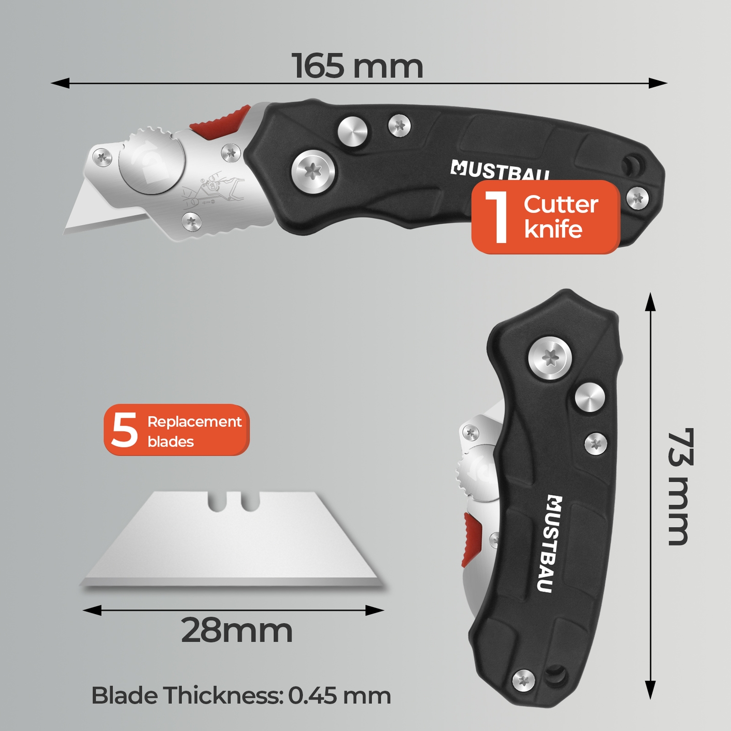 Ein schwarzes Cuttermesser mit roten Akzenten, 165 mm lang, und 5 Ersatzklingen.