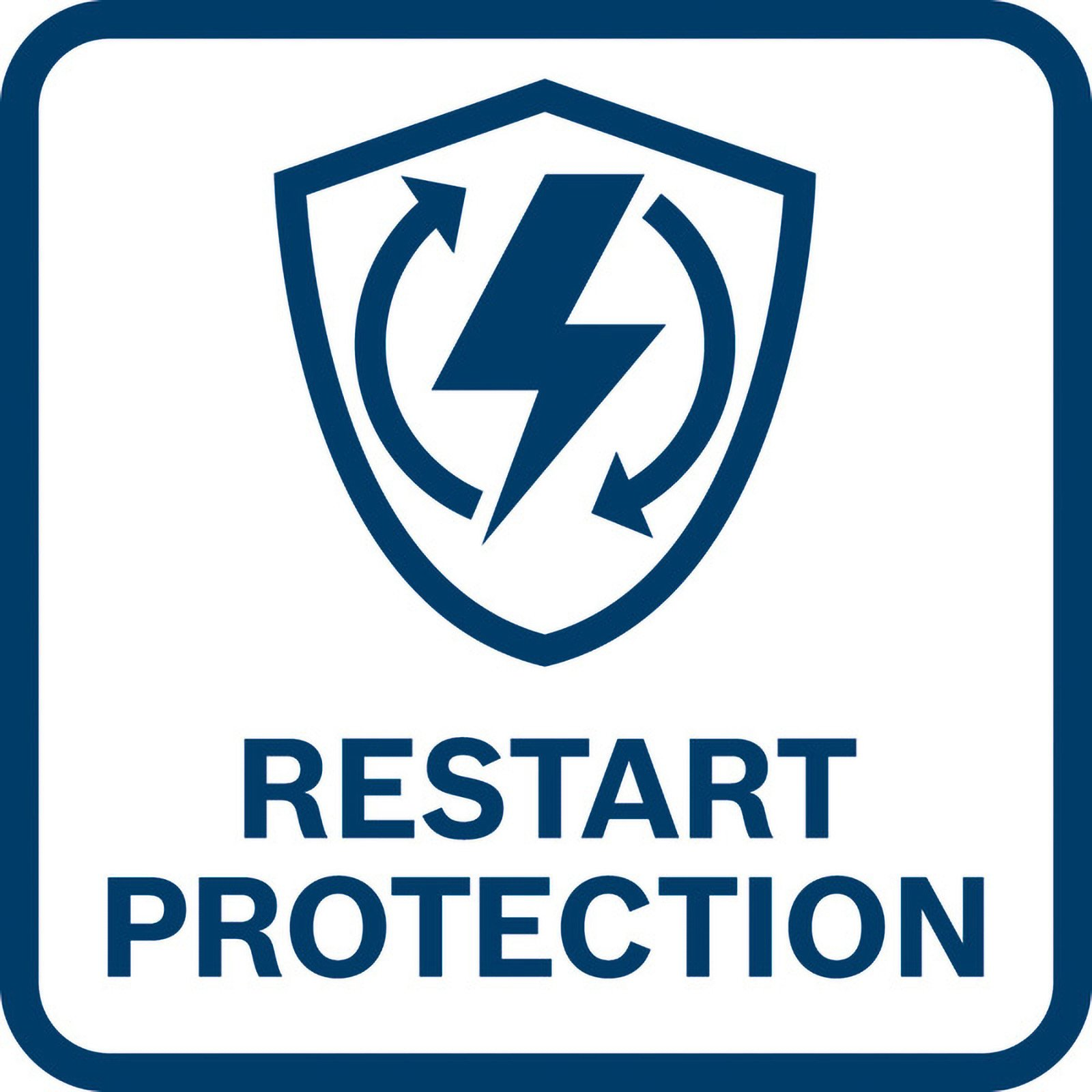 Schutz vor Wiederanlauf mit Blitzsymbol in Schild und Pfeilen.