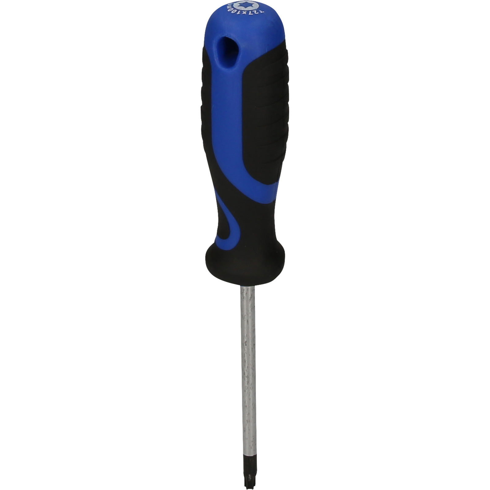 Ein Torx-Schraubendreher mit blau-schwarzem Griff und Sternspitze.