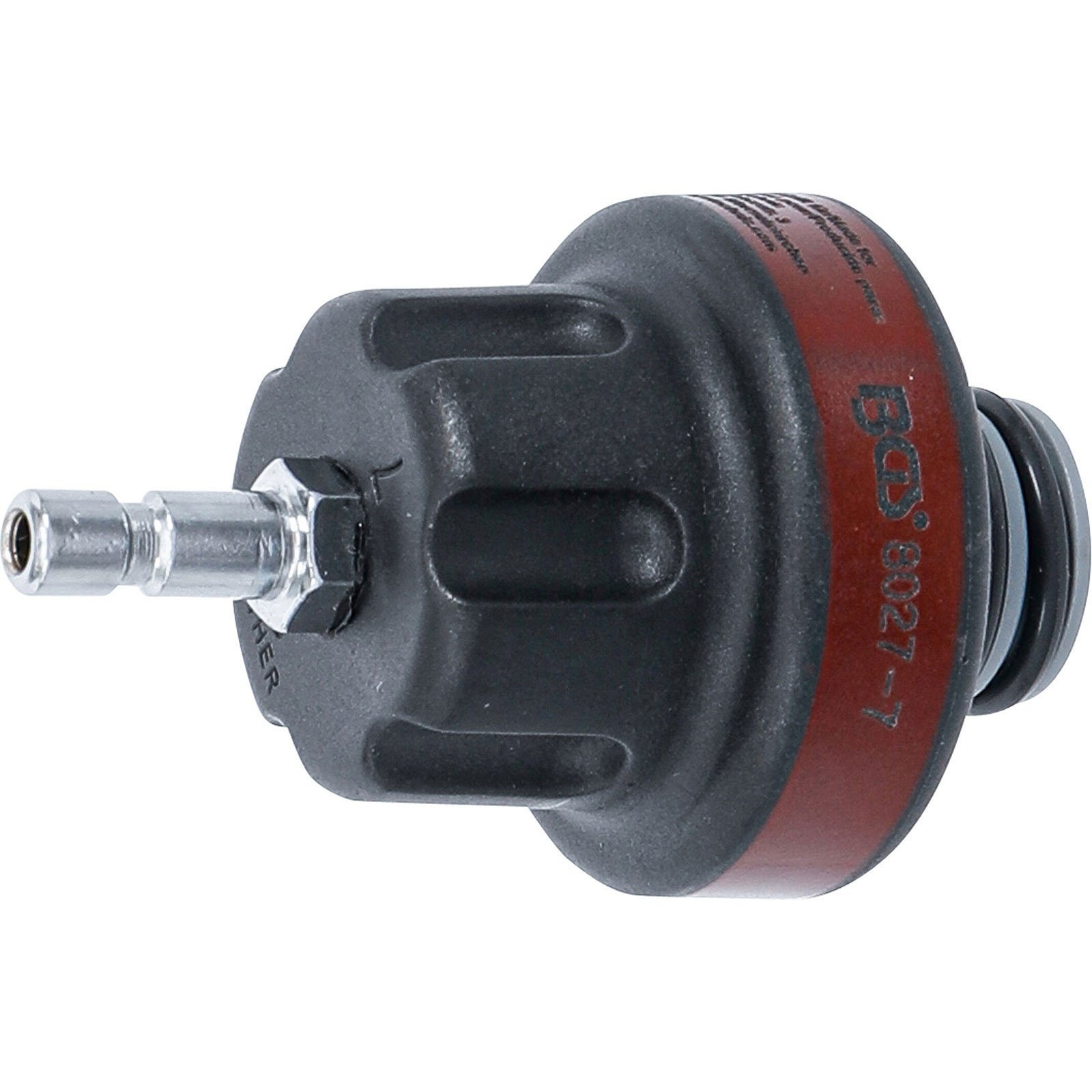 Ein schwarzer Adapter mit rotem Band und silbernem Anschluss.