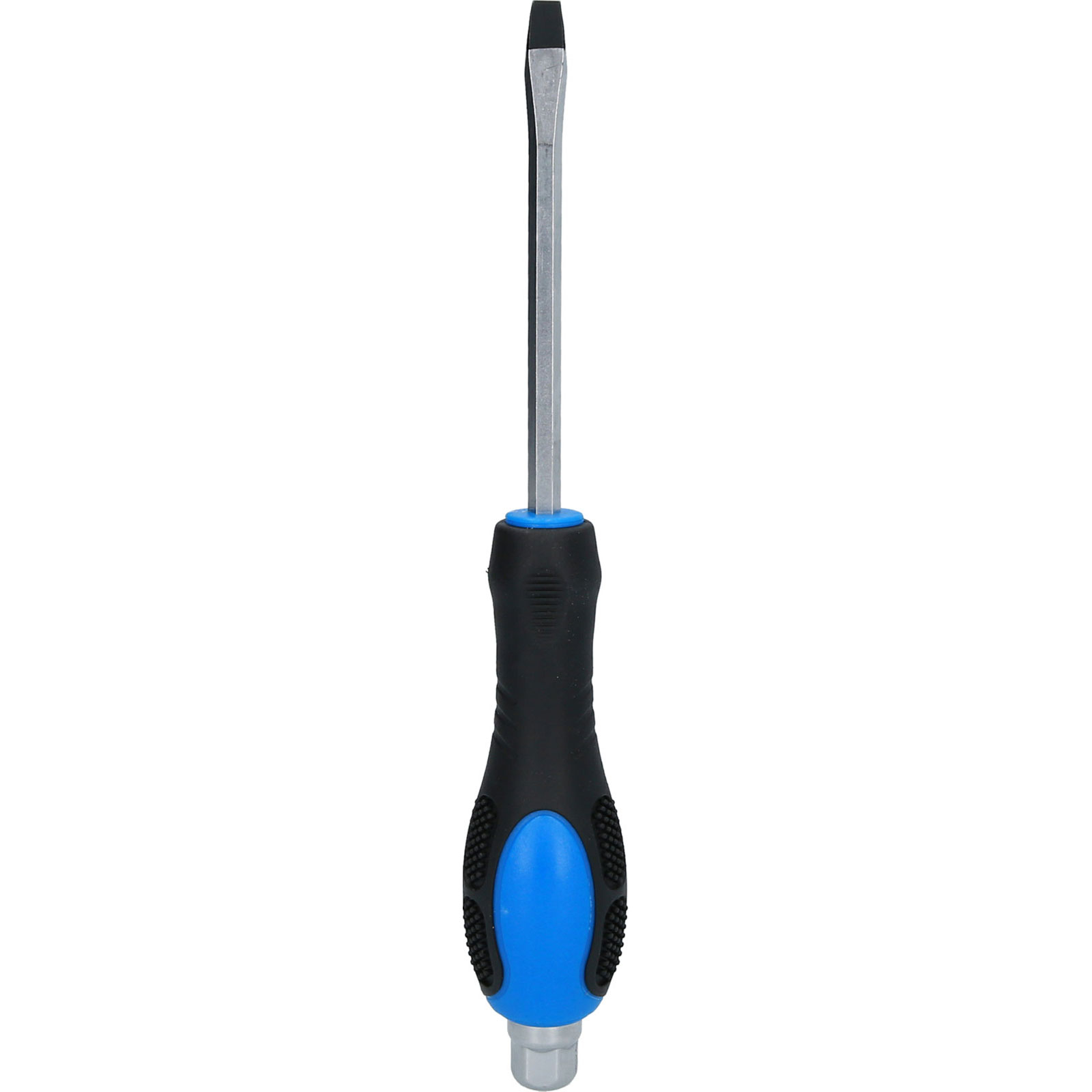 Schraubendreher mit schwarzem Griff, blauen Akzenten und Schlitzklinge.