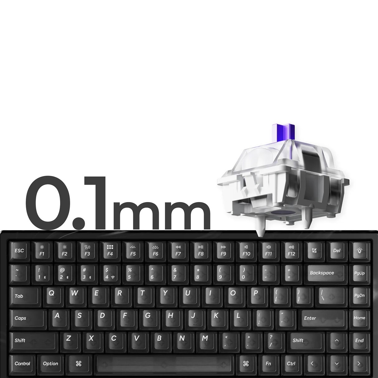 Niebieski przełącznik klawiatury mechanicznej na czarnej klawiaturze. 0.1mm.