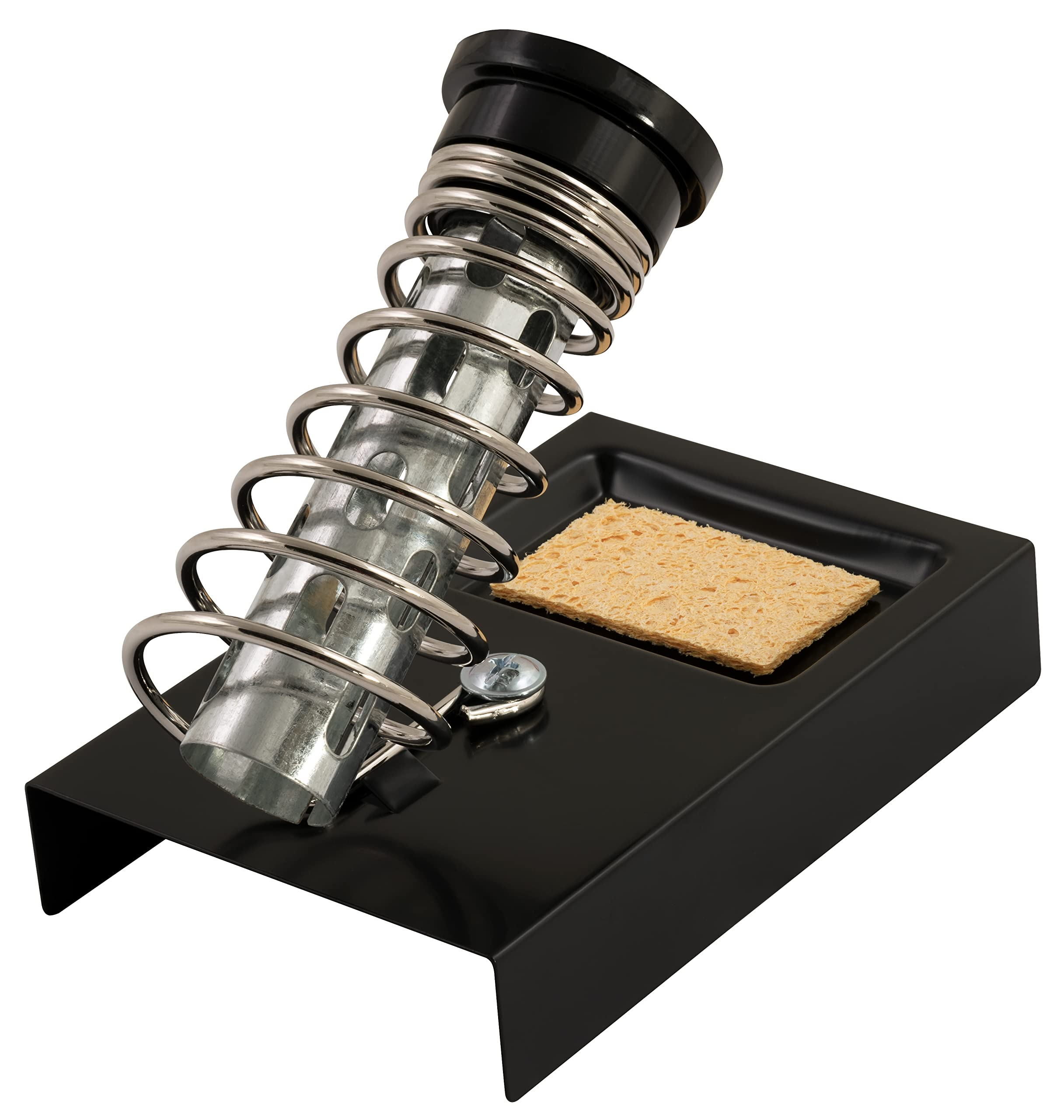 Ein schwarzer Lötkolbenständer mit Metallspule und Schwamm.