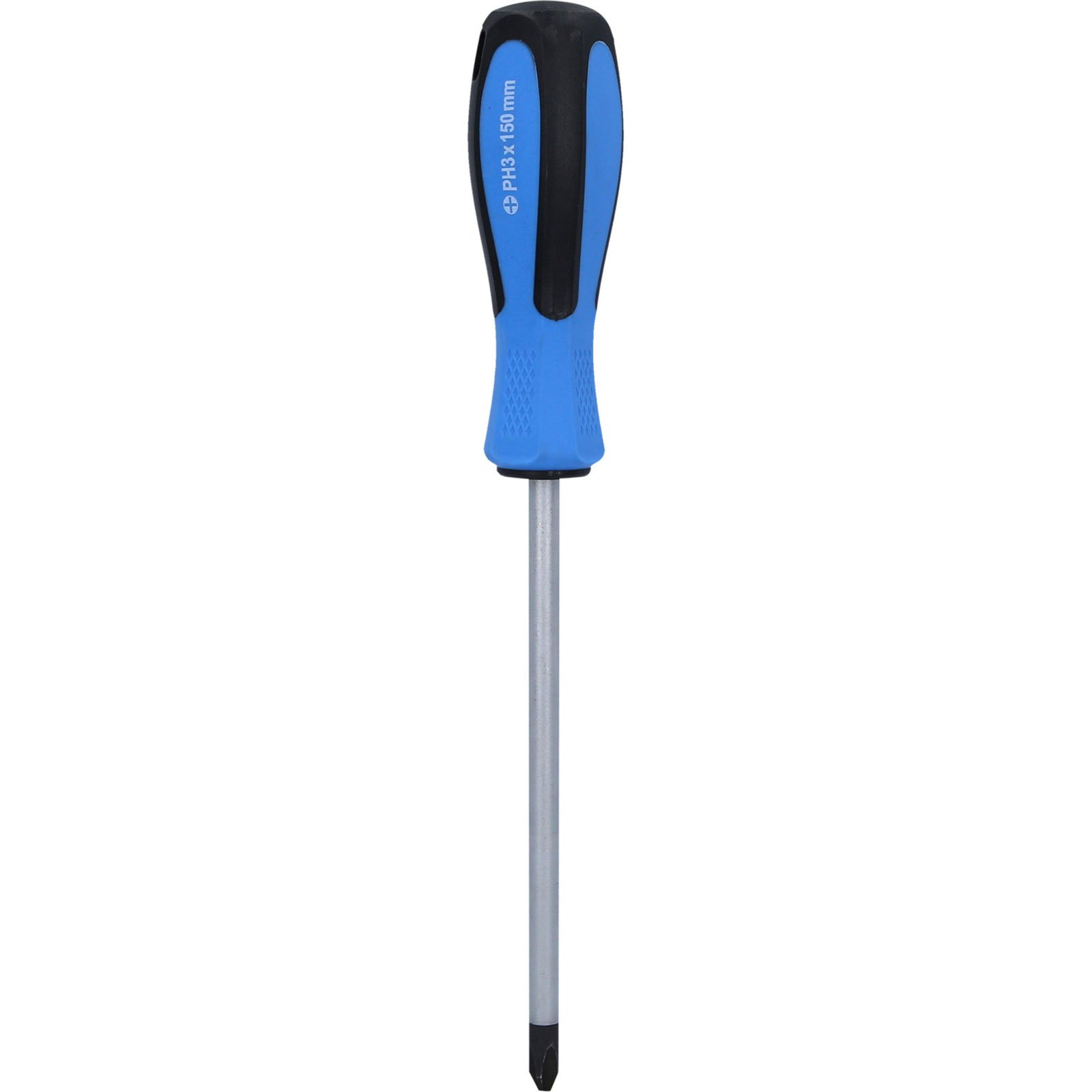 Ein blau-schwarzer Schraubendreher mit Kreuzschlitz PH3 und 150 mm Schaft.