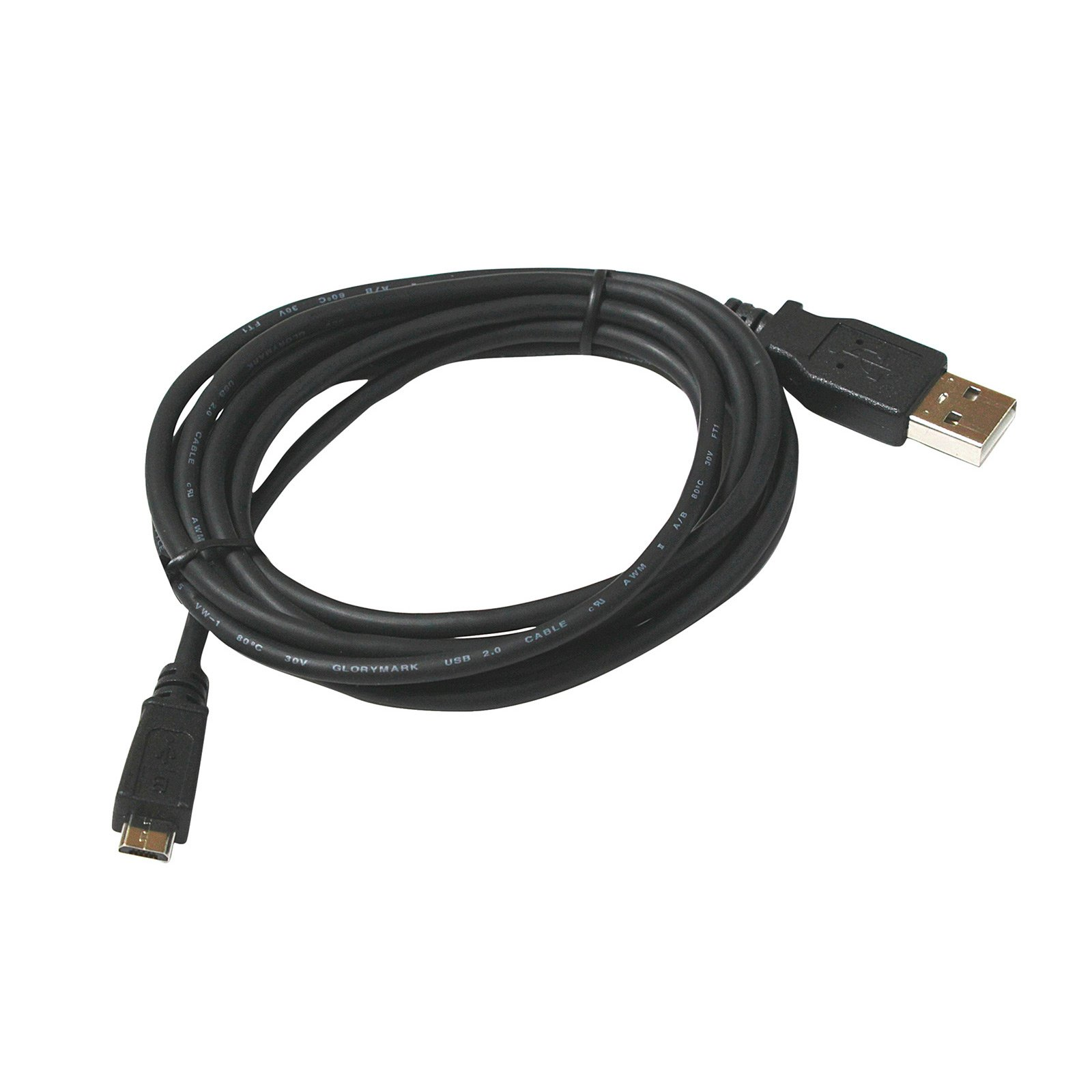 Ein schwarzes USB 2.0-Kabel mit Standard-A- und Micro-B-Anschlüssen, aufgerollt.