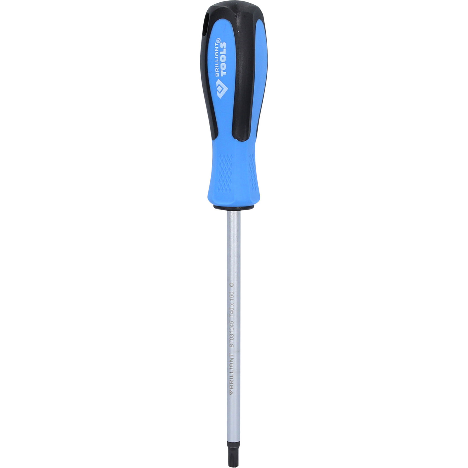 Un cacciavite Torx con manico blu e nero e asta in metallo.