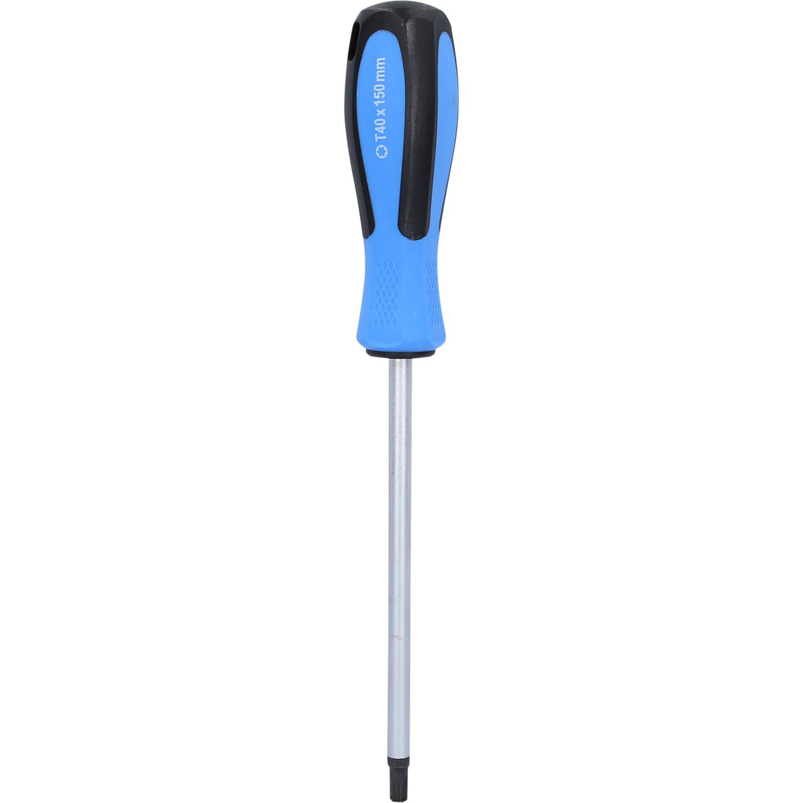 Cacciavite Torx con manico blu e albero in metallo.