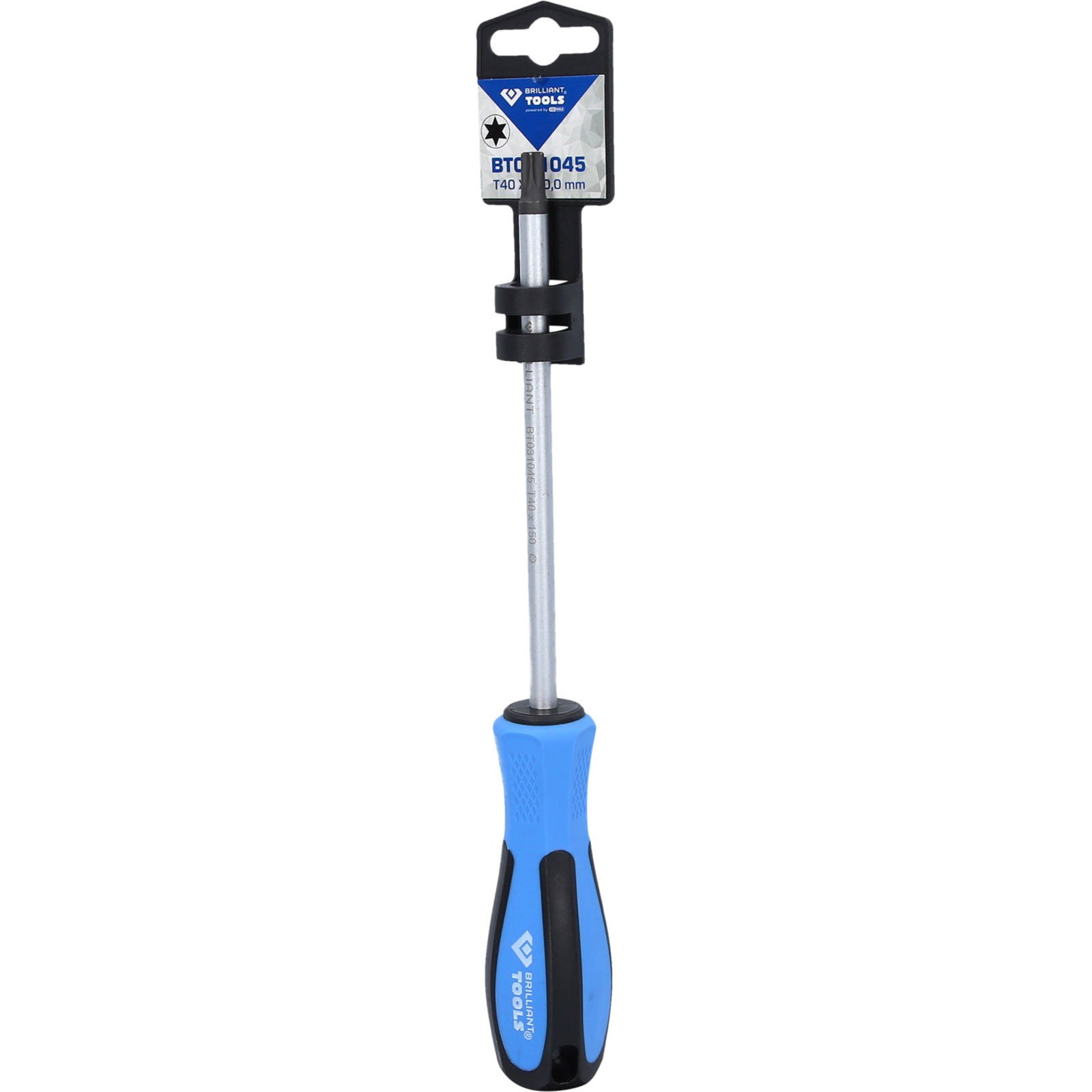 Cacciavite con manico blu e nero, punta T40, confezionato.