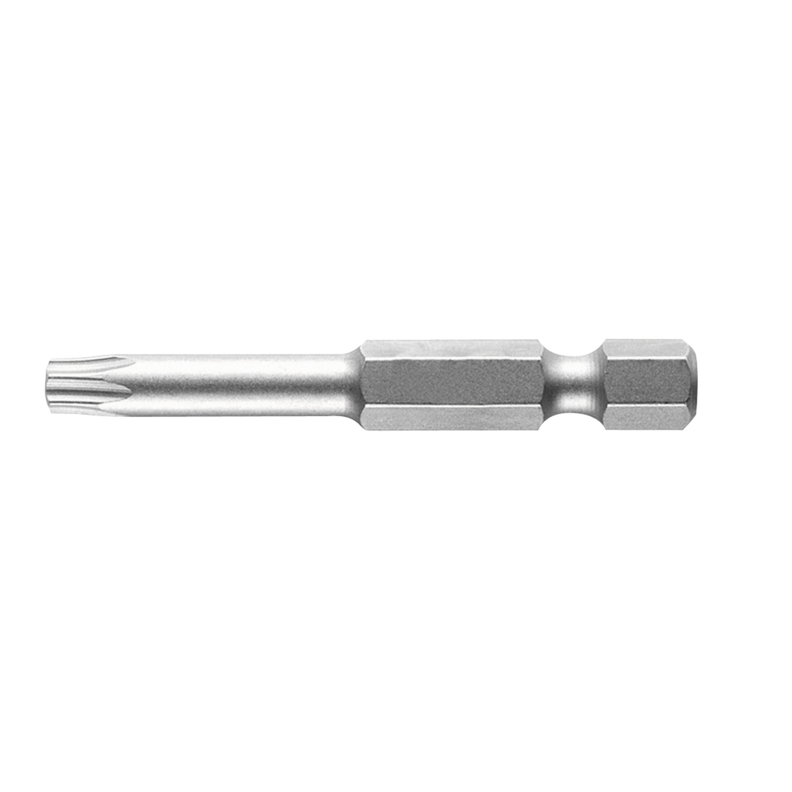 Ein silberner Torx-Schraubendrehereinsatz mit sechseckigem Schaft.