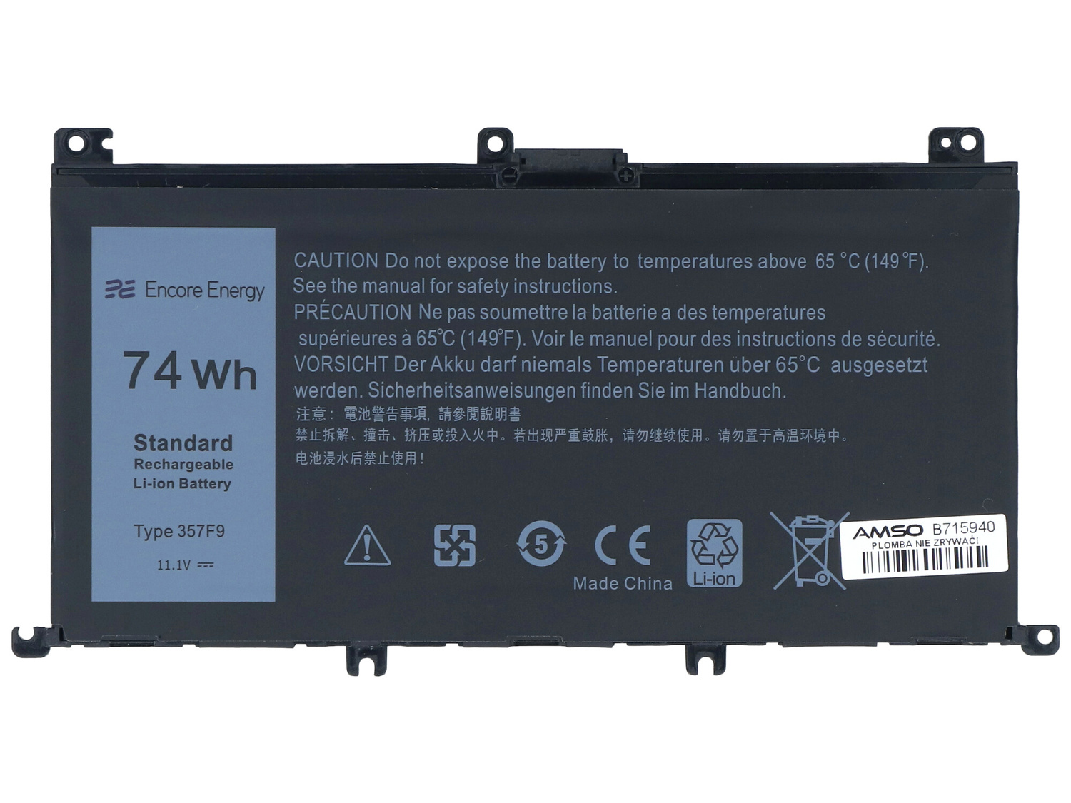 Czarna bateria do laptopa 74 Wh, Encore Energy, typ 357F9, 11.1V.