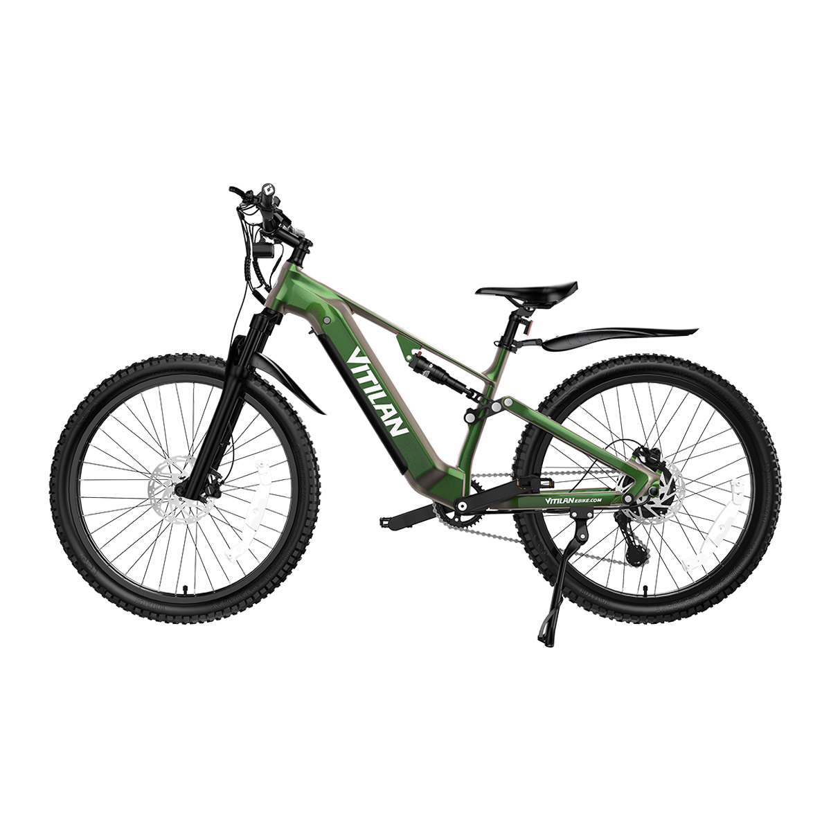 Zielony rower elektryczny full-suspension z czarnymi oponami na białym tle.