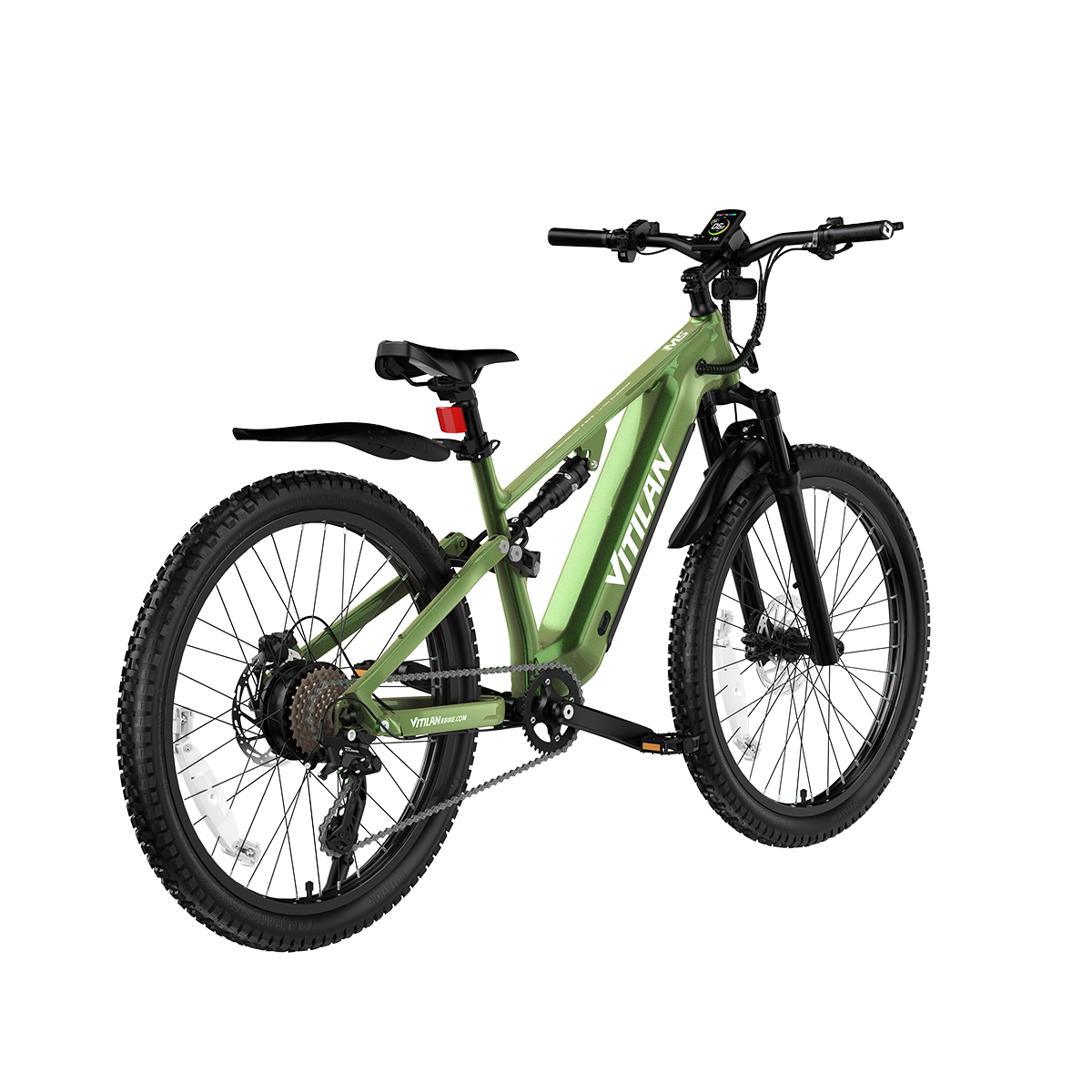 Zielony rower elektryczny full-suspension z szerokimi oponami i czarną kierownicą.