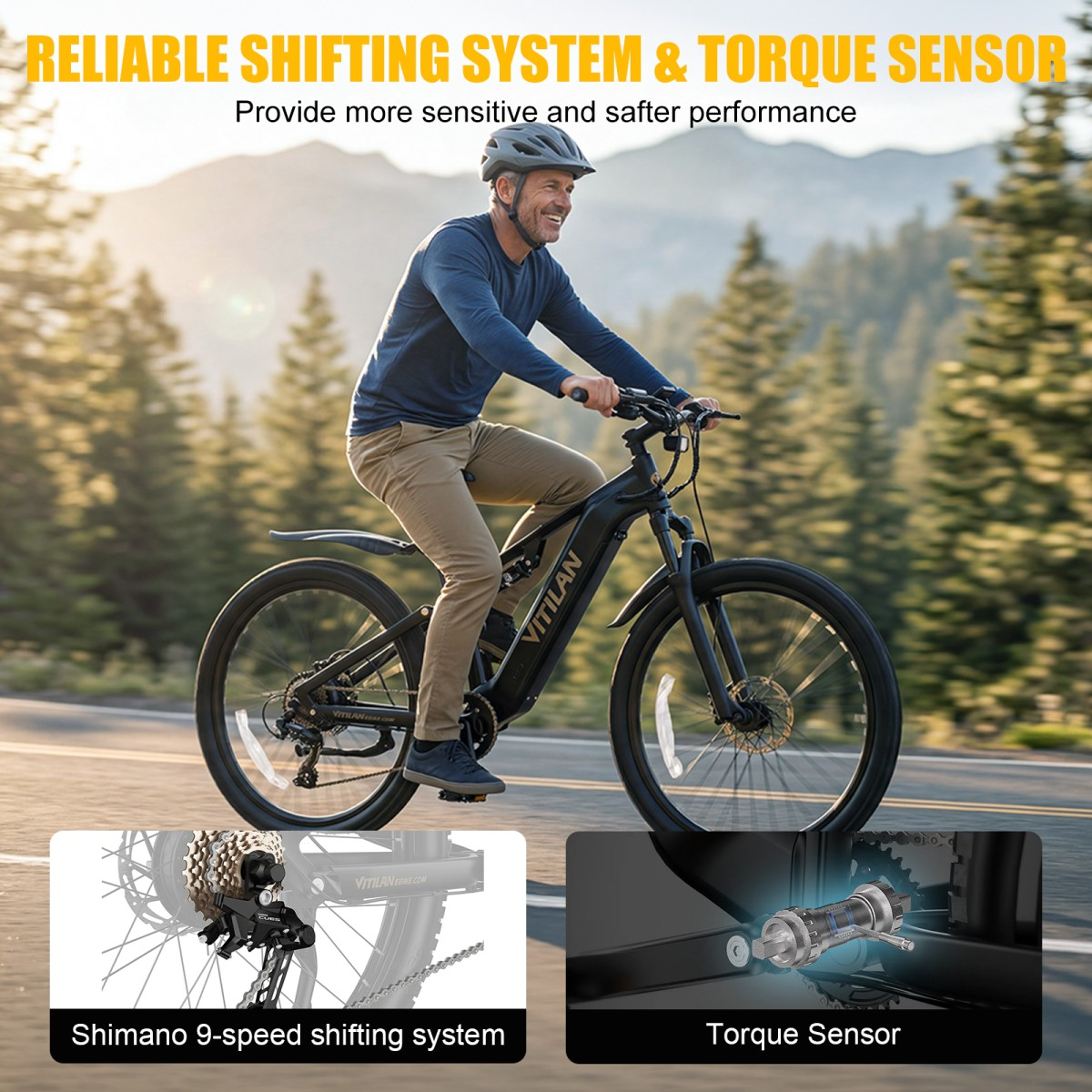 Mężczyzna jedzie rowerem elektrycznym z 9-biegowym Shimano i czujnikiem momentu.