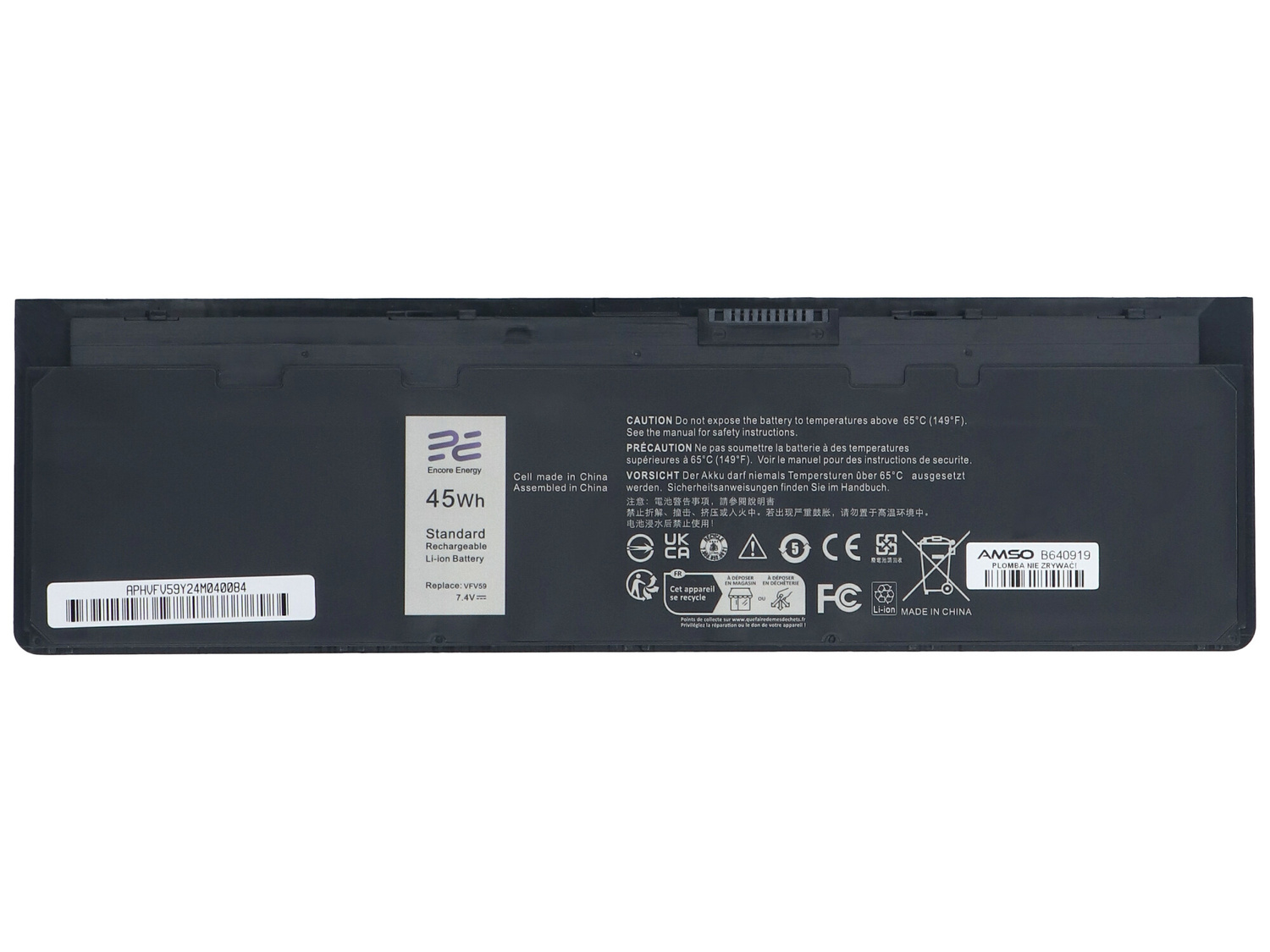 Czarna bateria do laptopa z napisami, 45Wh, Li-ion, Made in China.