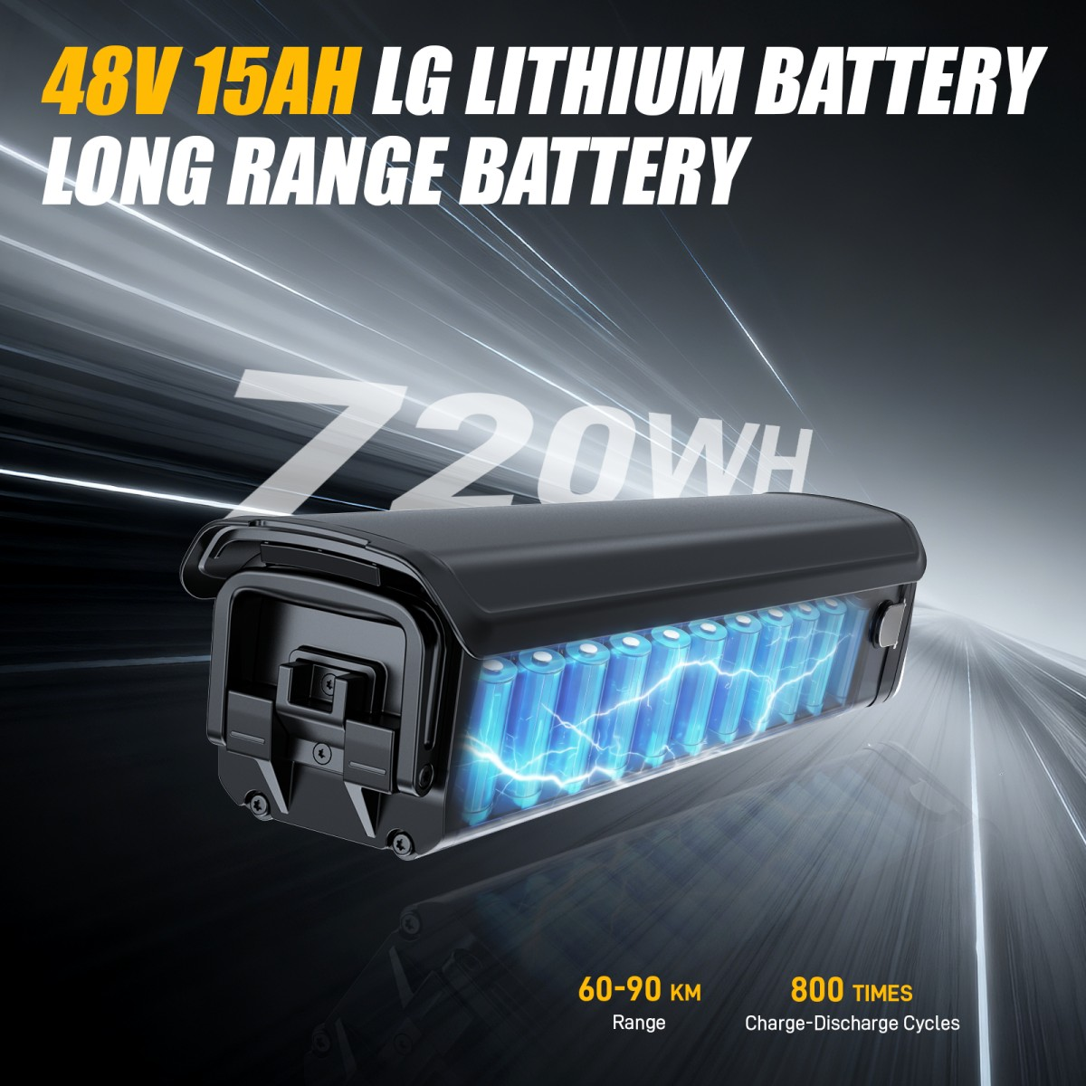 Bateria litowo-jonowa LG 48V 15AH 720Wh, zasięg 60-90 km, 800 cykli ładowania.