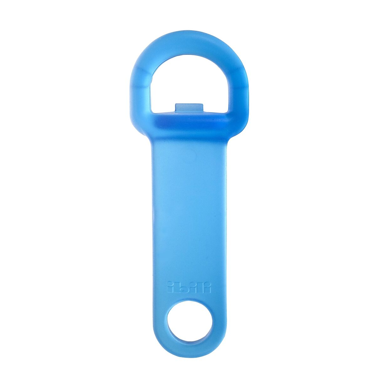 Un apribottiglie blu con un anello in alto e un foro in basso.