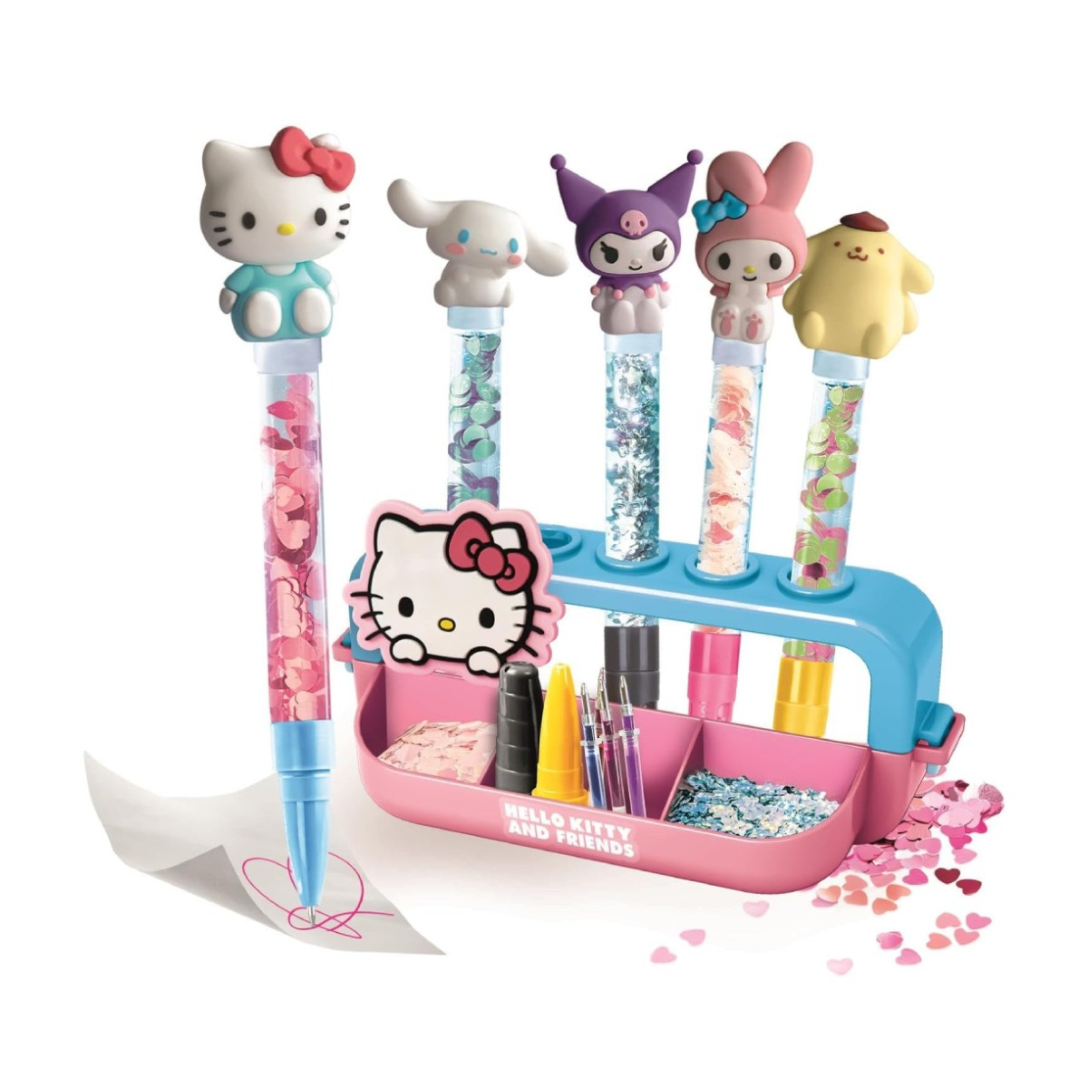 Set creativo Hello Kitty con personaggi, glitter e penne su sfondo bianco.