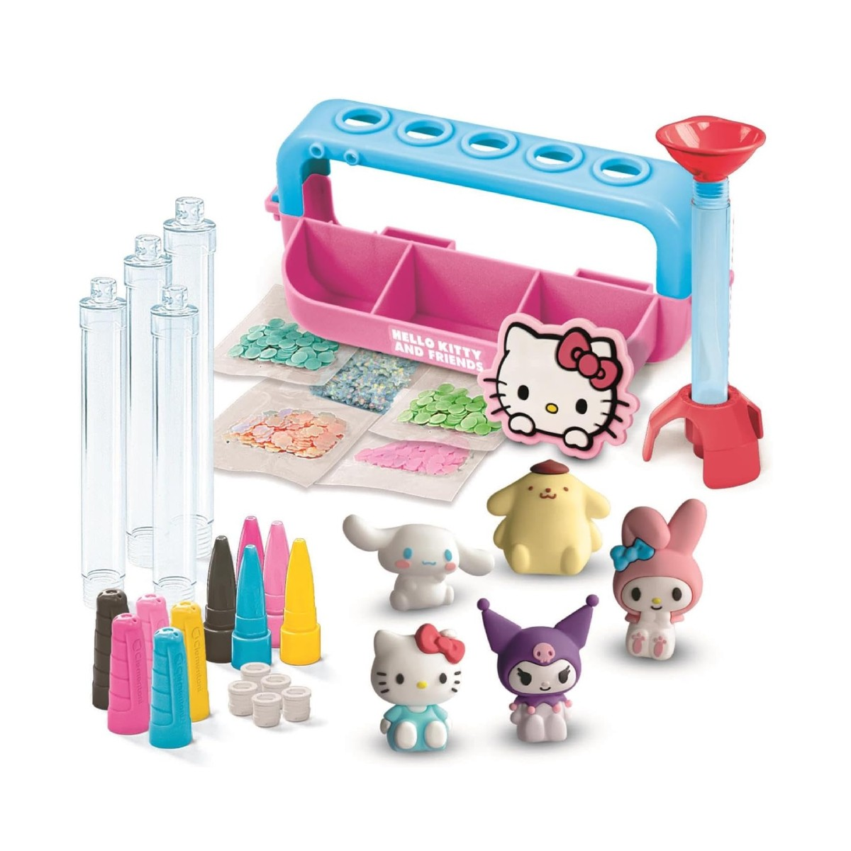 Kit creativo Hello Kitty con figure, glitter, provette e supporto rosa e blu.