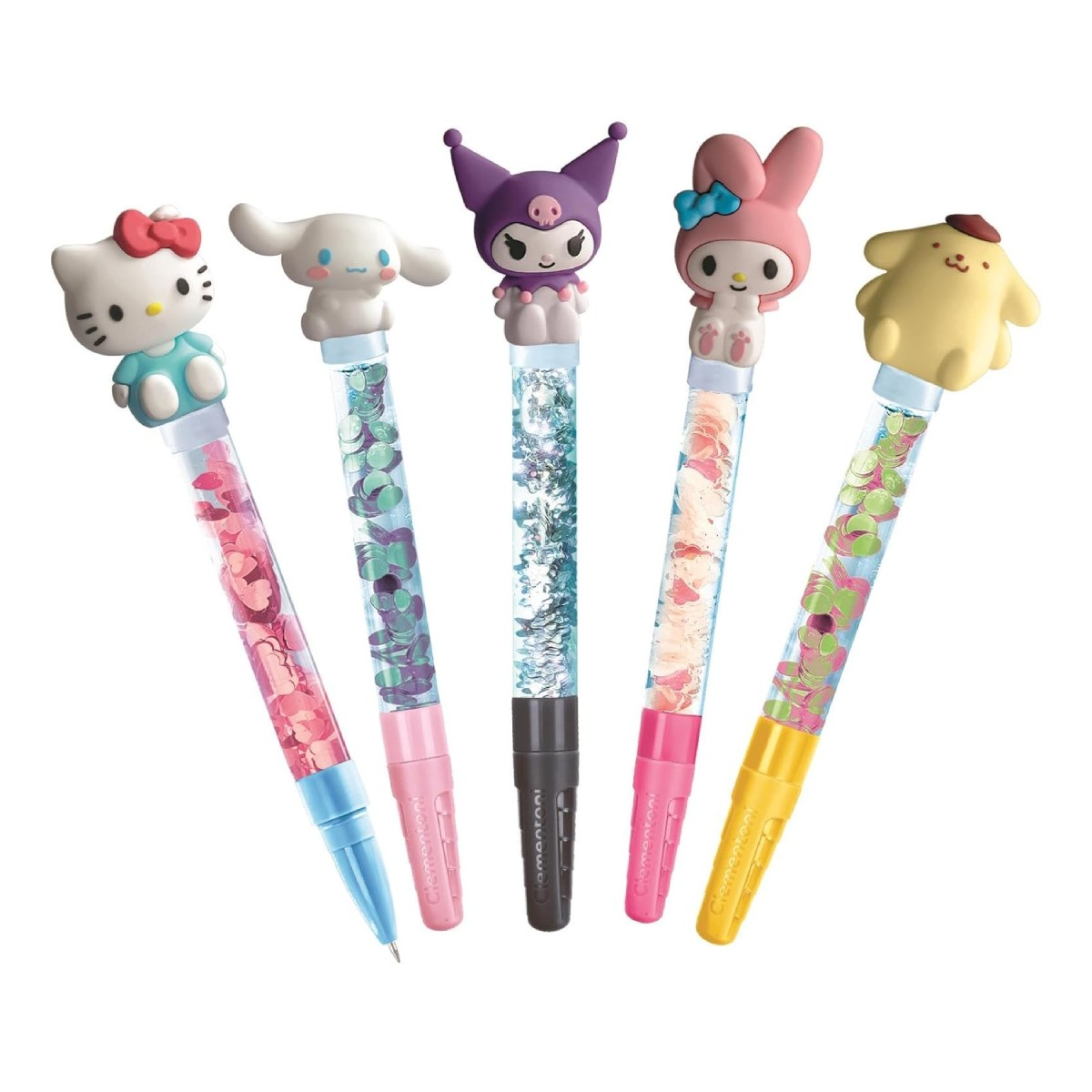 Cinque penne con personaggi Kawaii e liquido glitterato. Hello Kitty, Cinnamoroll, Kuromi, My Melody, Pompompurin.