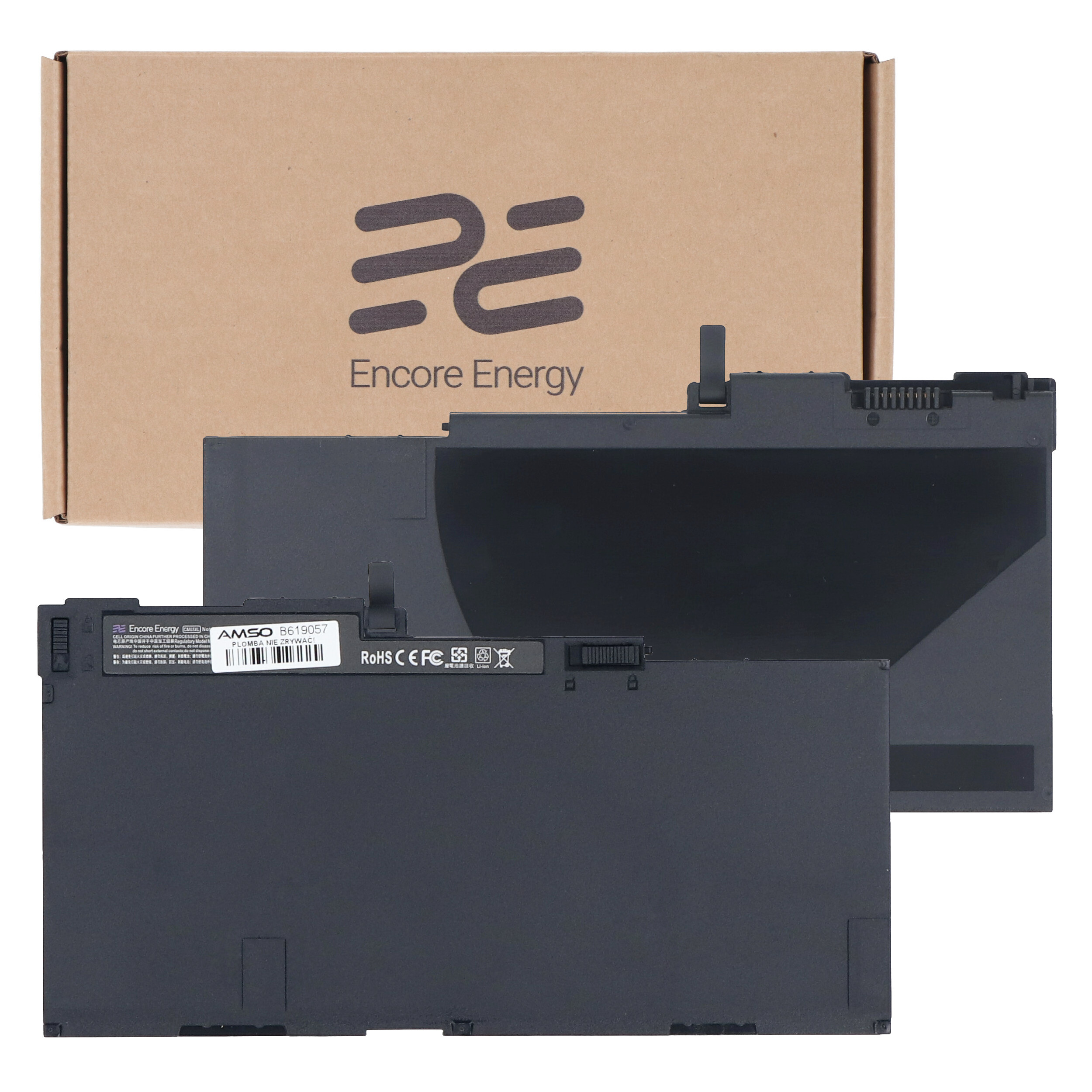 Bateria do laptopa przed otwartym pudełkiem kartonowym z logo "Encore Energy".