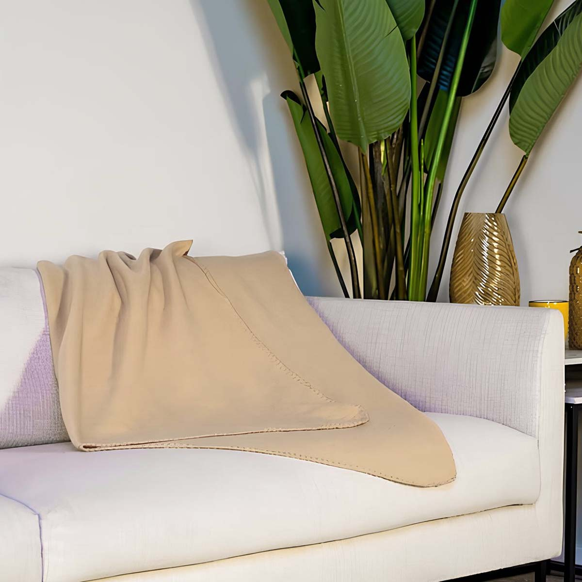 Una coperta beige è drappeggiata su un divano bianco accanto a una grande pianta.