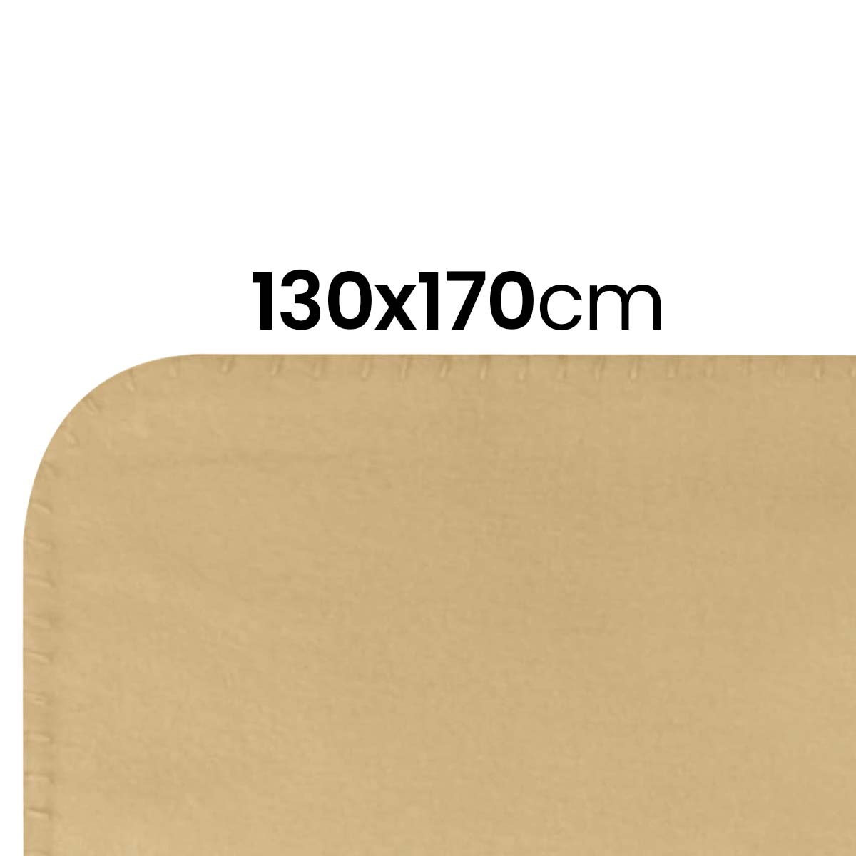 Una coperta beige di 130x170 cm, con bordi cuciti.