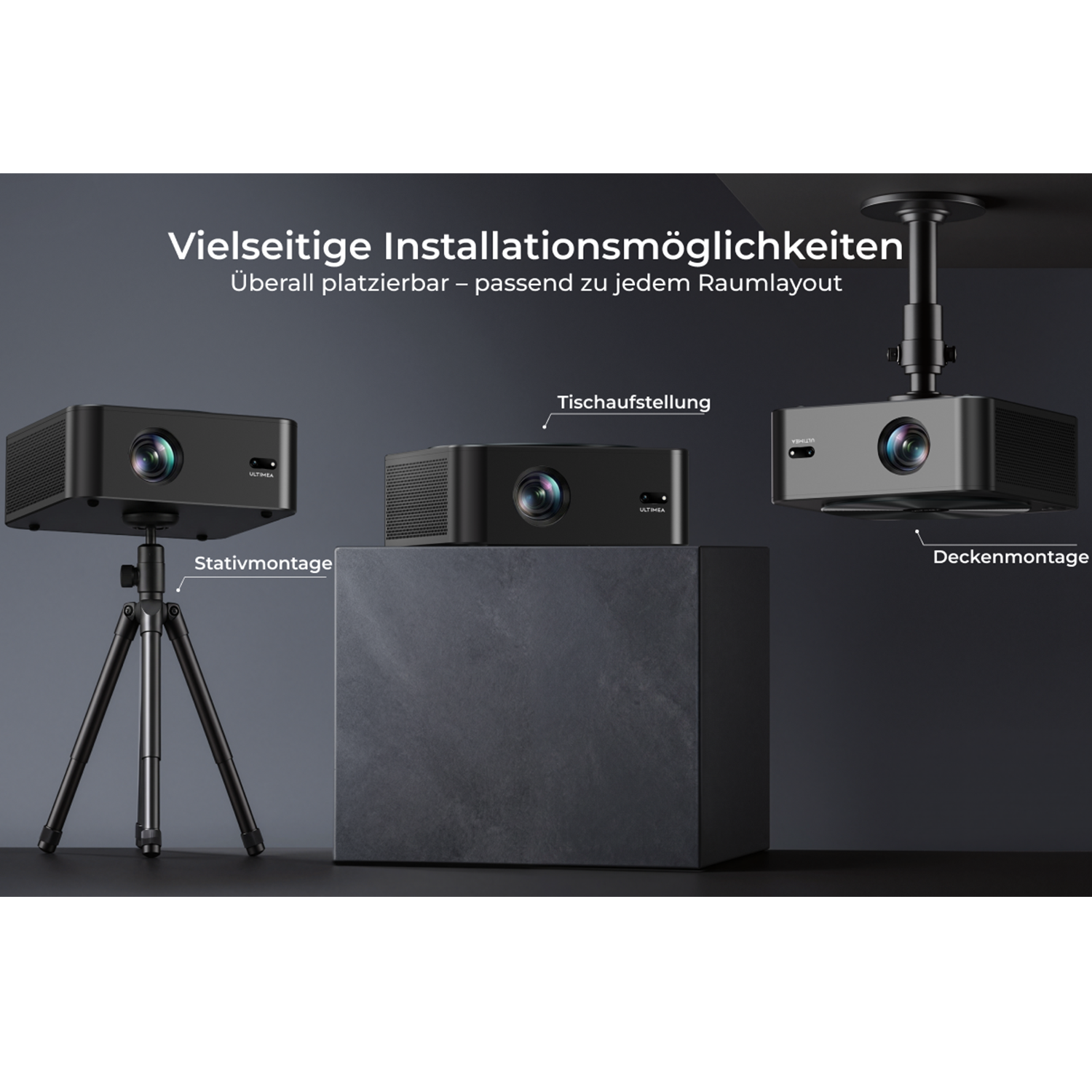 Drei Projektoren werden gezeigt: auf einem Stativ, auf einem Tisch und an der Decke montiert.