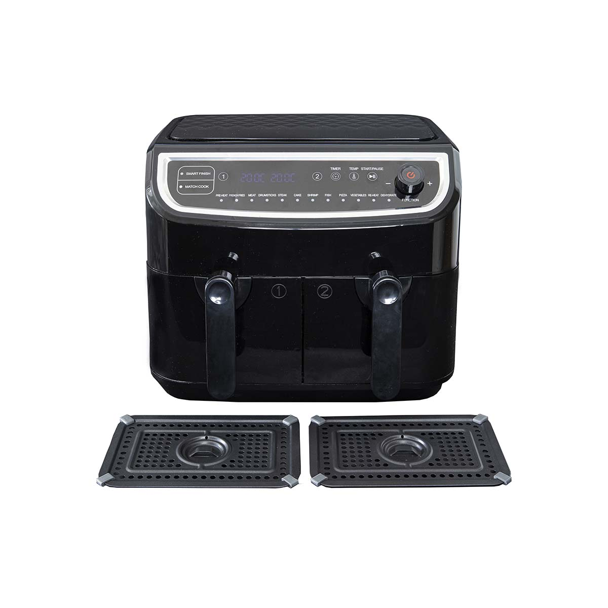 Zwarte dubbele airfryer met digitale bediening en twee mandjes ervoor.