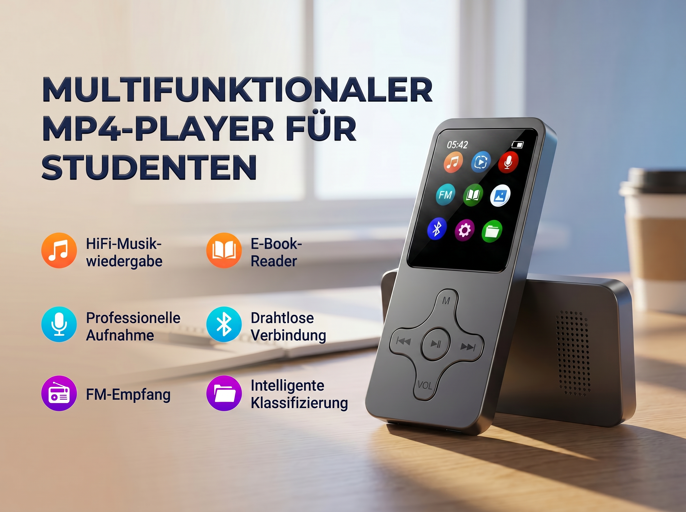 Ein grauer MP4-Player mit Icons für Musik, E-Book, Aufnahme, FM, Bluetooth und mehr.