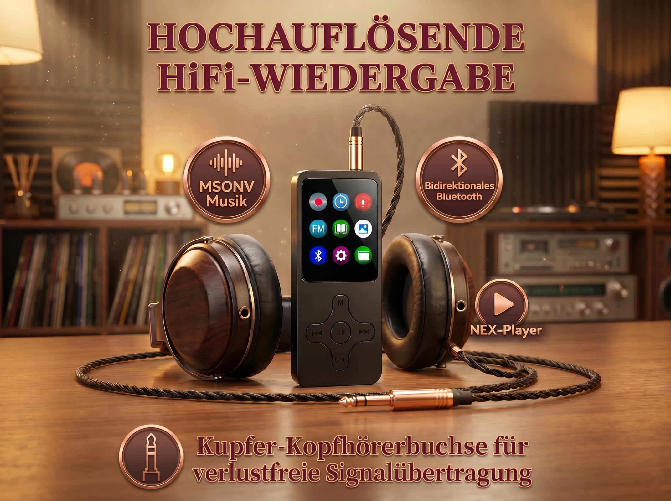 Ein tragbarer Musikplayer mit Kopfhörern und HiFi-Wiedergabe.