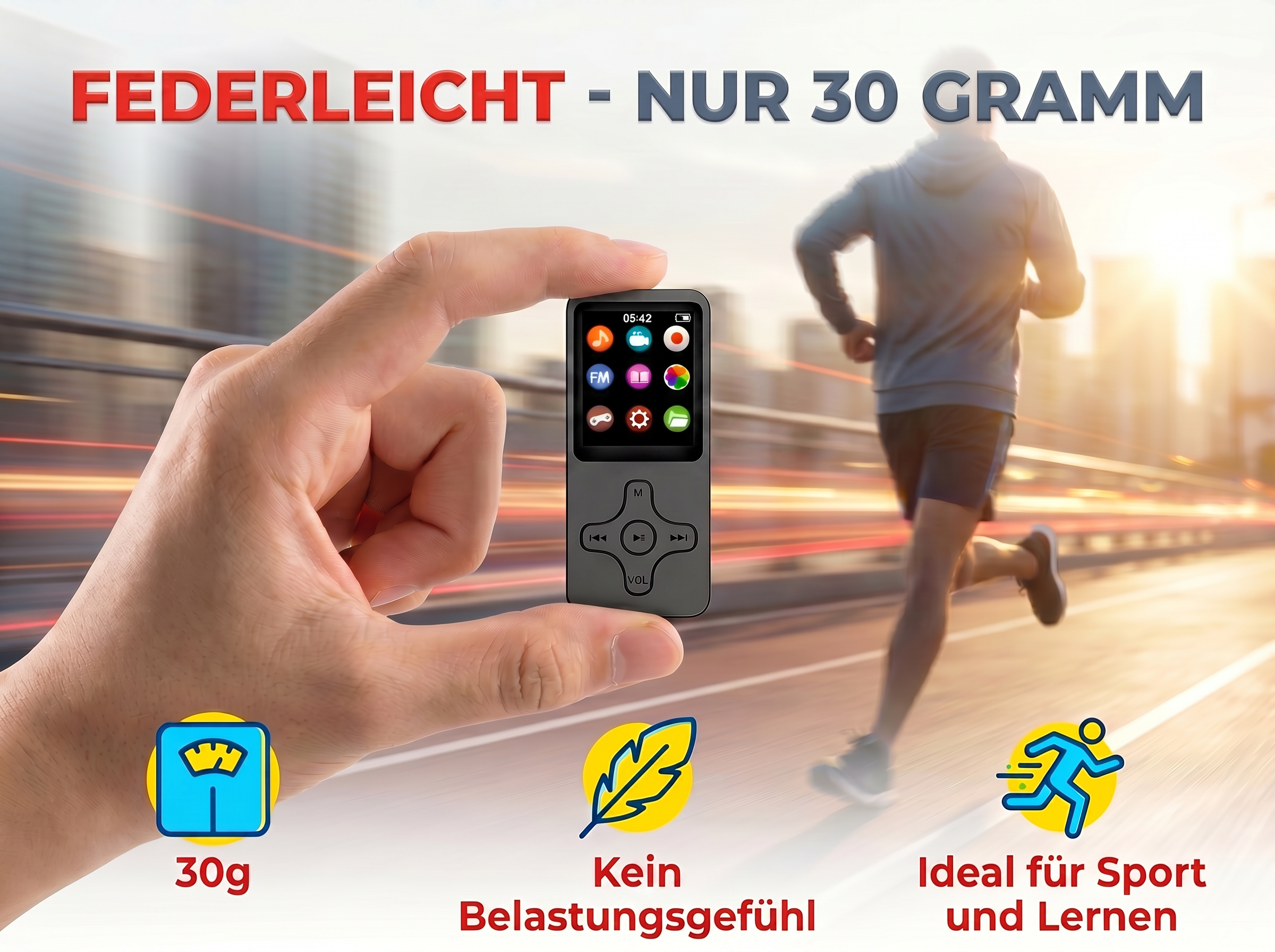 Leichter MP3-Player (30g) wird von Hand gehalten, Läufer im Hintergrund.