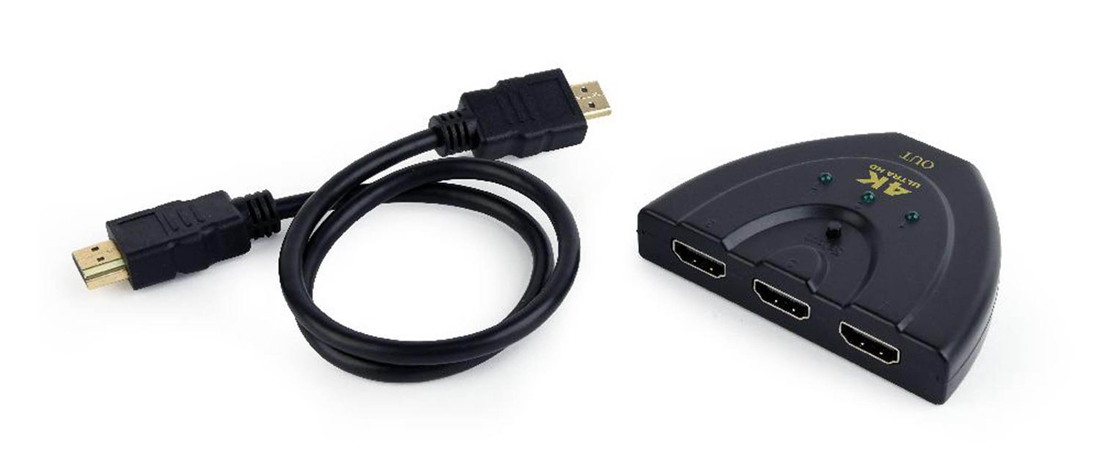 Ein schwarzes HDMI-Splitter-Gerät mit einem HDMI-Kabel.