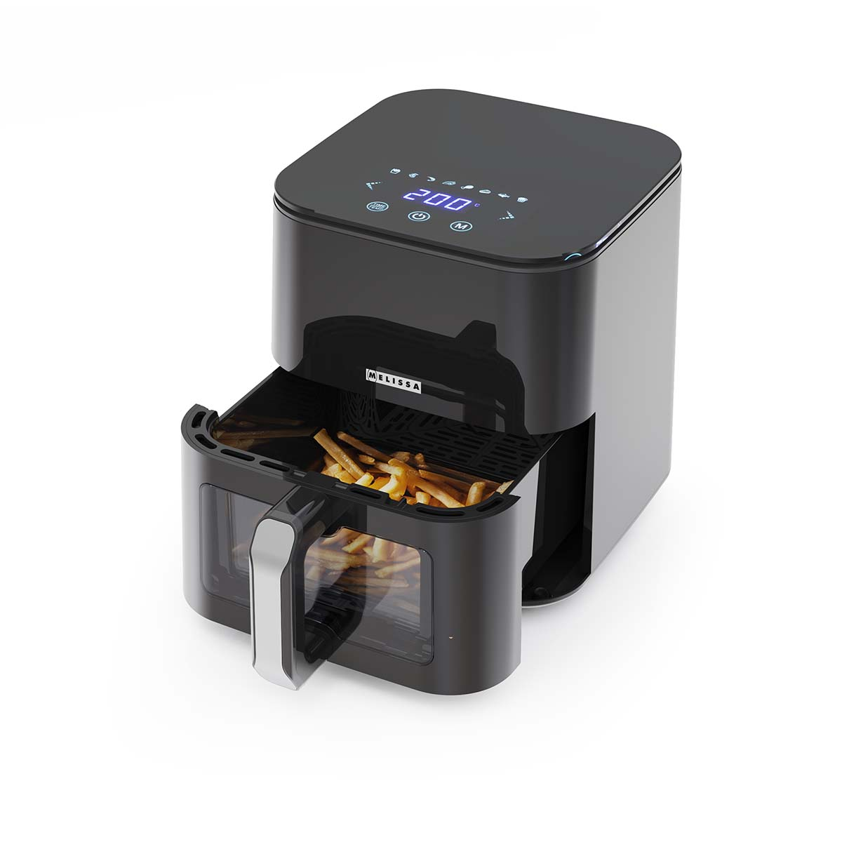 Friggitrice ad aria nera con patatine, display digitale 200 gradi.