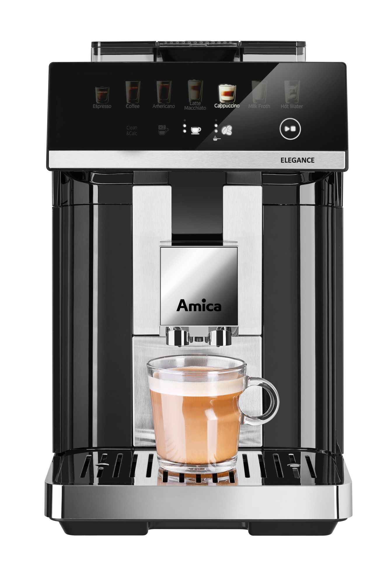 Eine schwarze Kaffeemaschine mit einem Glas Cappuccino und einem Touchscreen-Display.
