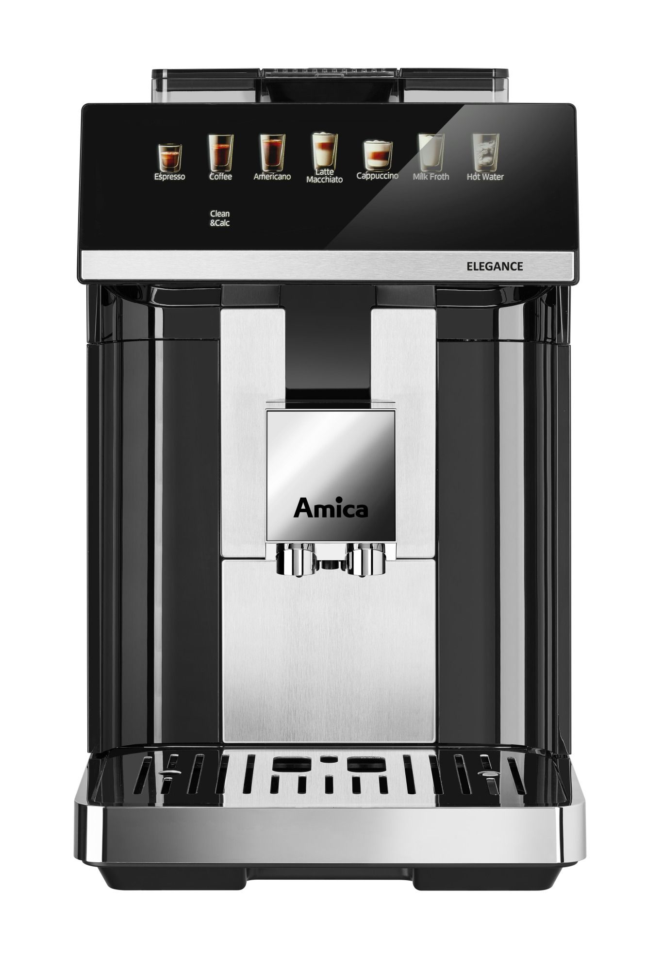 Moderne schwarze und silberne Amica-Kaffeemaschine mit Touchscreen, der Getränkeoptionen anzeigt.