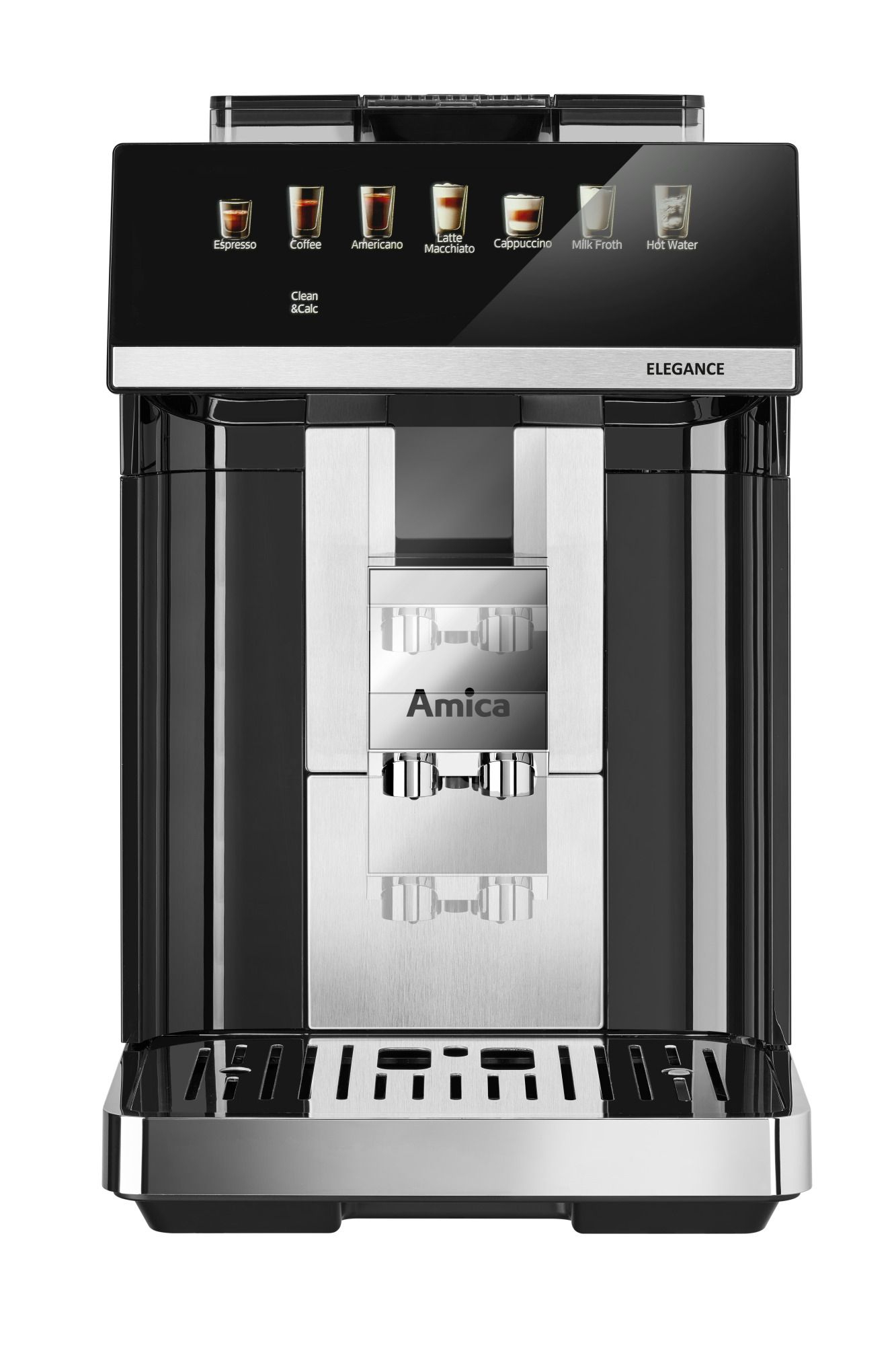 Ein schwarzer Kaffeevollautomat mit silbernen Akzenten und einem Touchscreen.