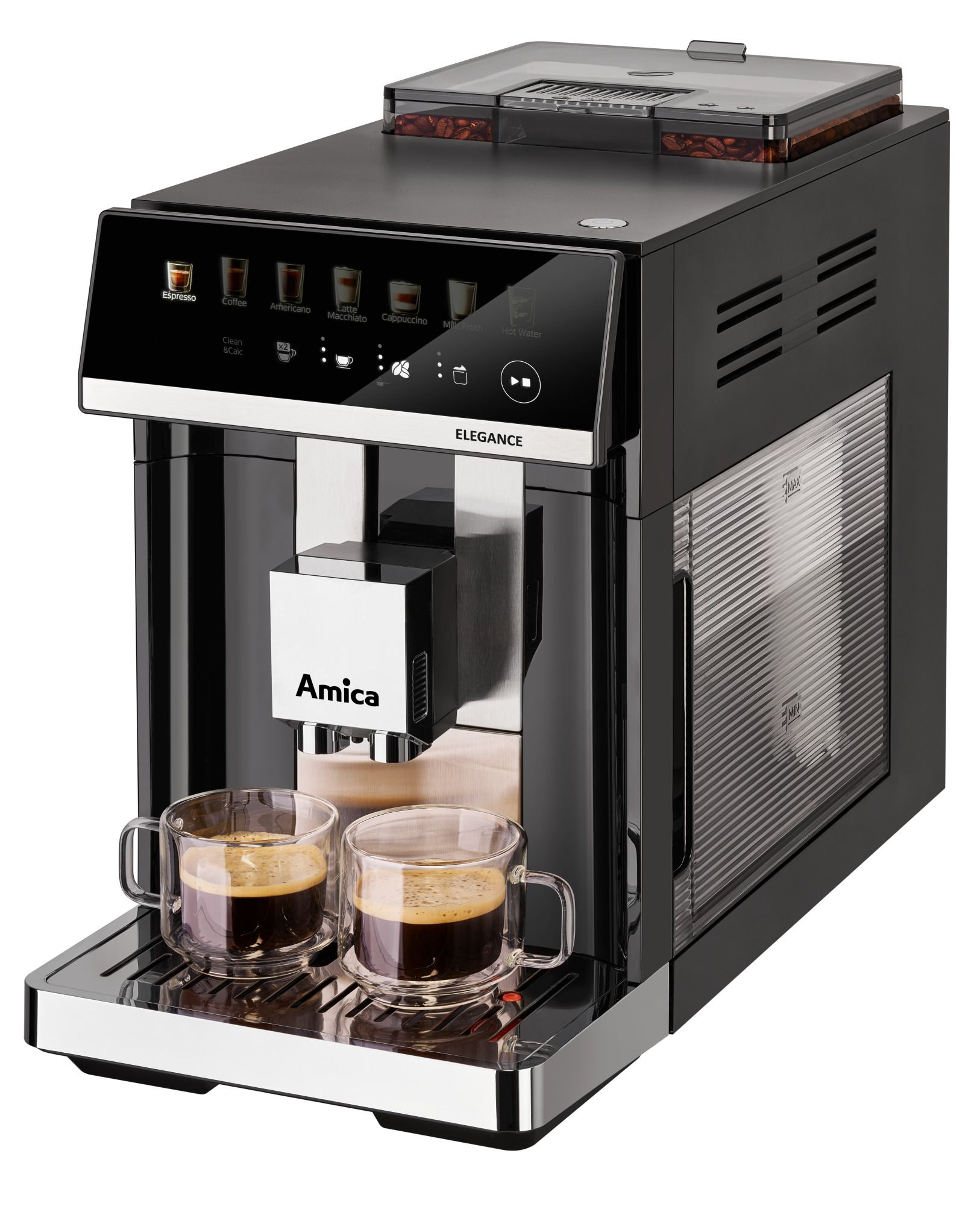 Schwarze Kaffeemaschine mit zwei Tassen Espresso und einem Touchscreen-Display.