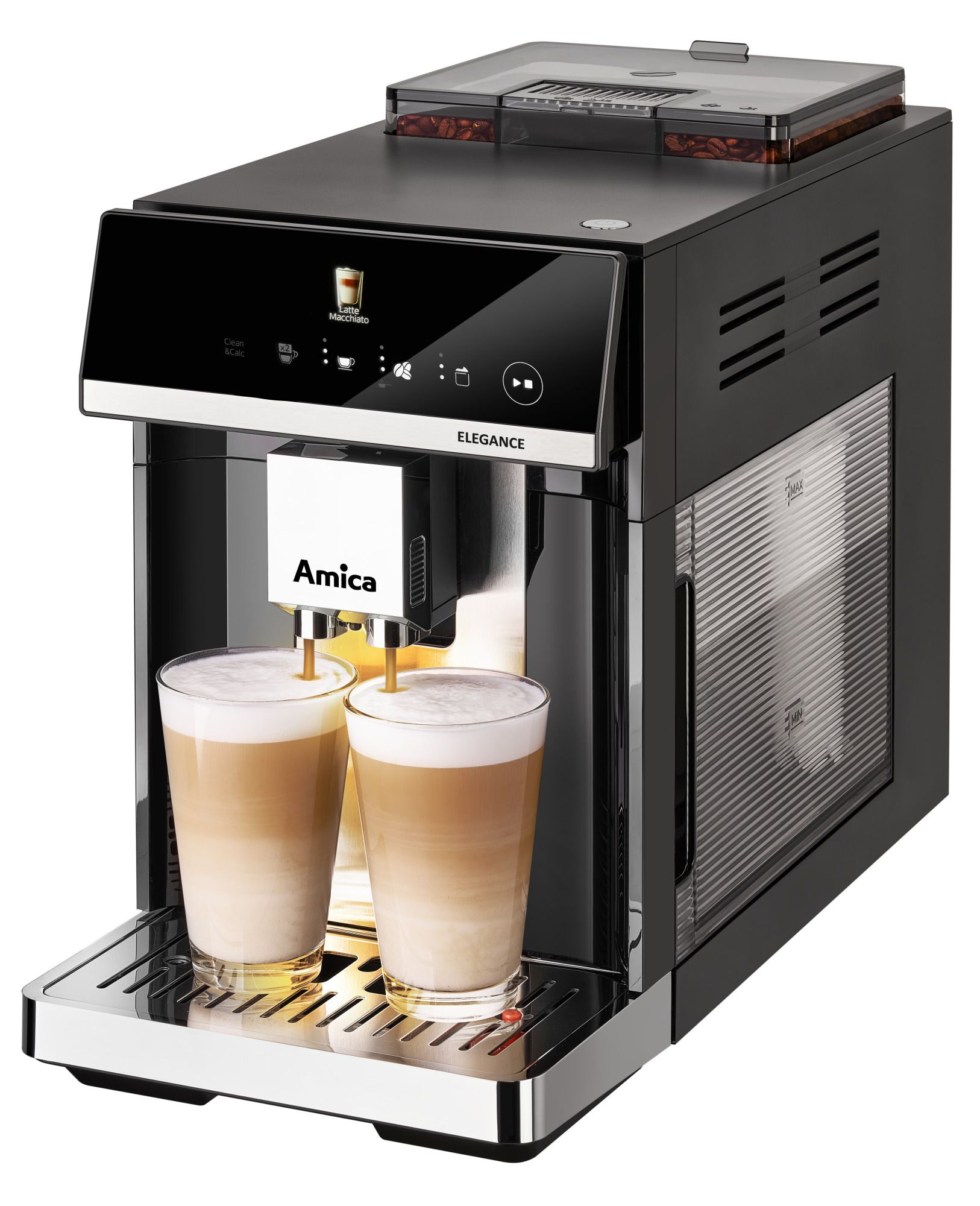 Eine schwarze Kaffeemaschine brüht zwei Latte Macchiatos in Gläser.