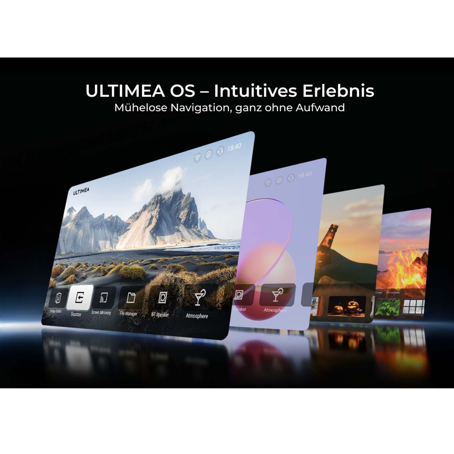 Mehrere Bildschirme mit ULTIMEA OS Menüoptionen wie Setup, Quellen, Spiegelung und Atmosphäre.