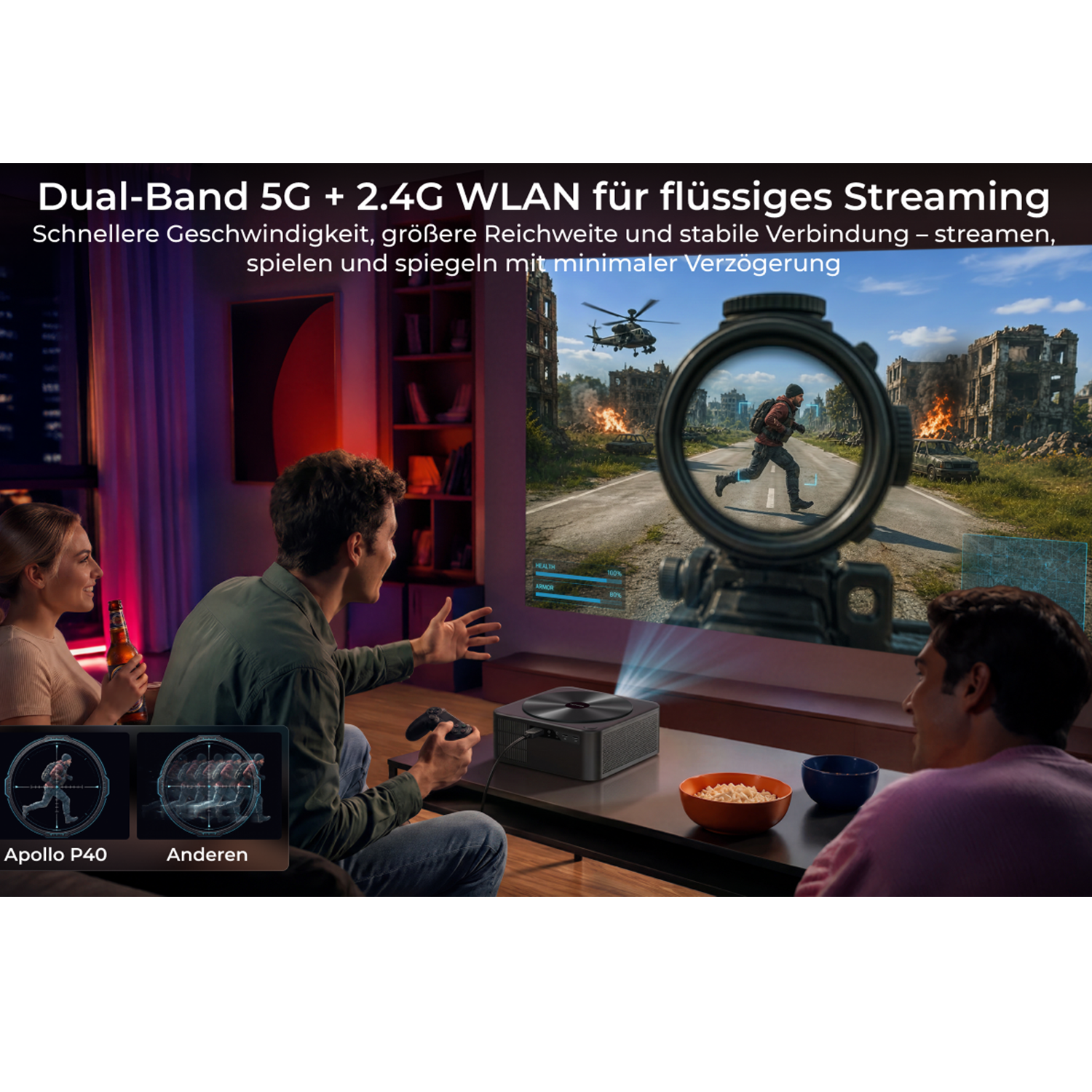 Menschen spielen Videospiele auf einem Projektor, der eine Kriegsszene anzeigt.