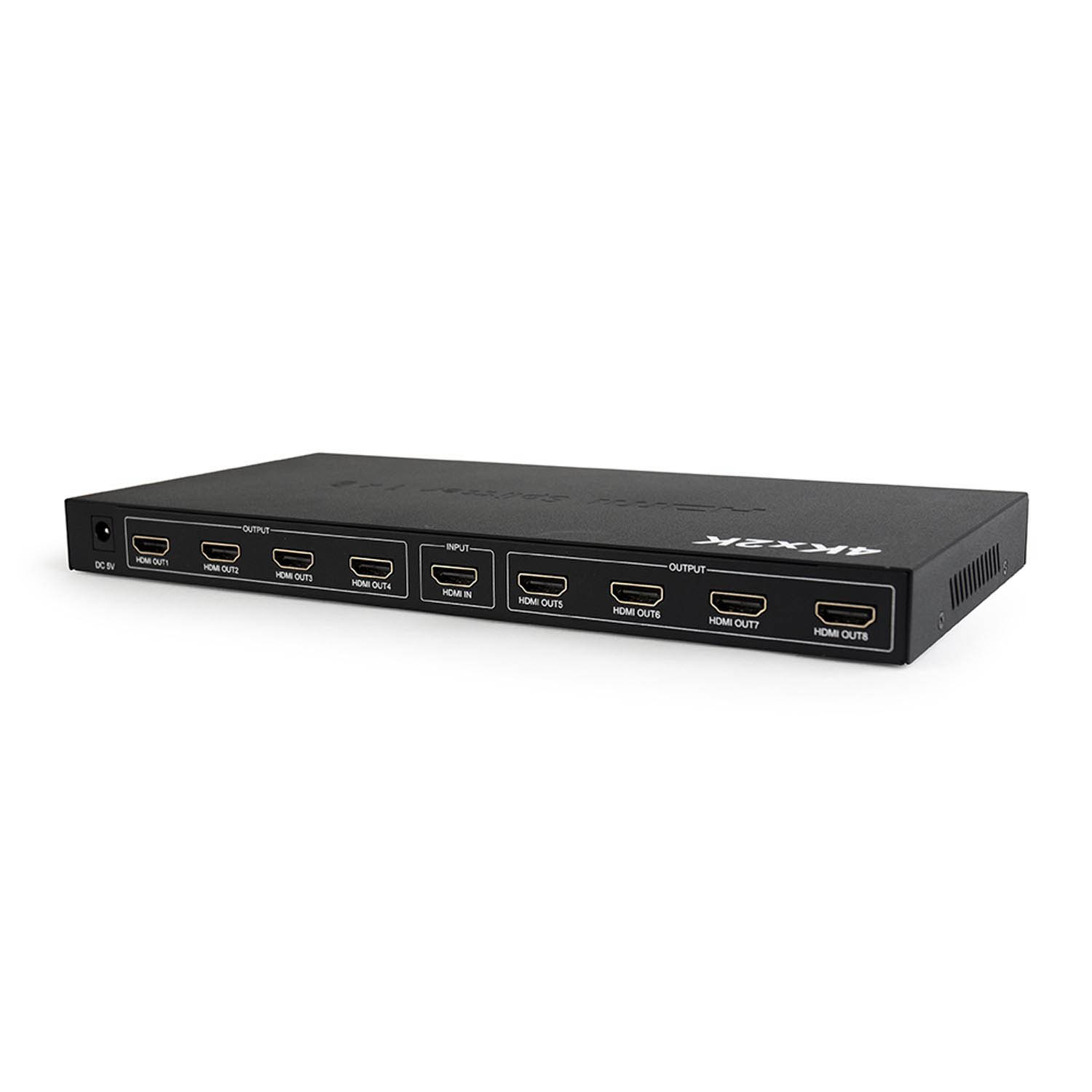 A black HDMI splitter with input and output labels on the front.